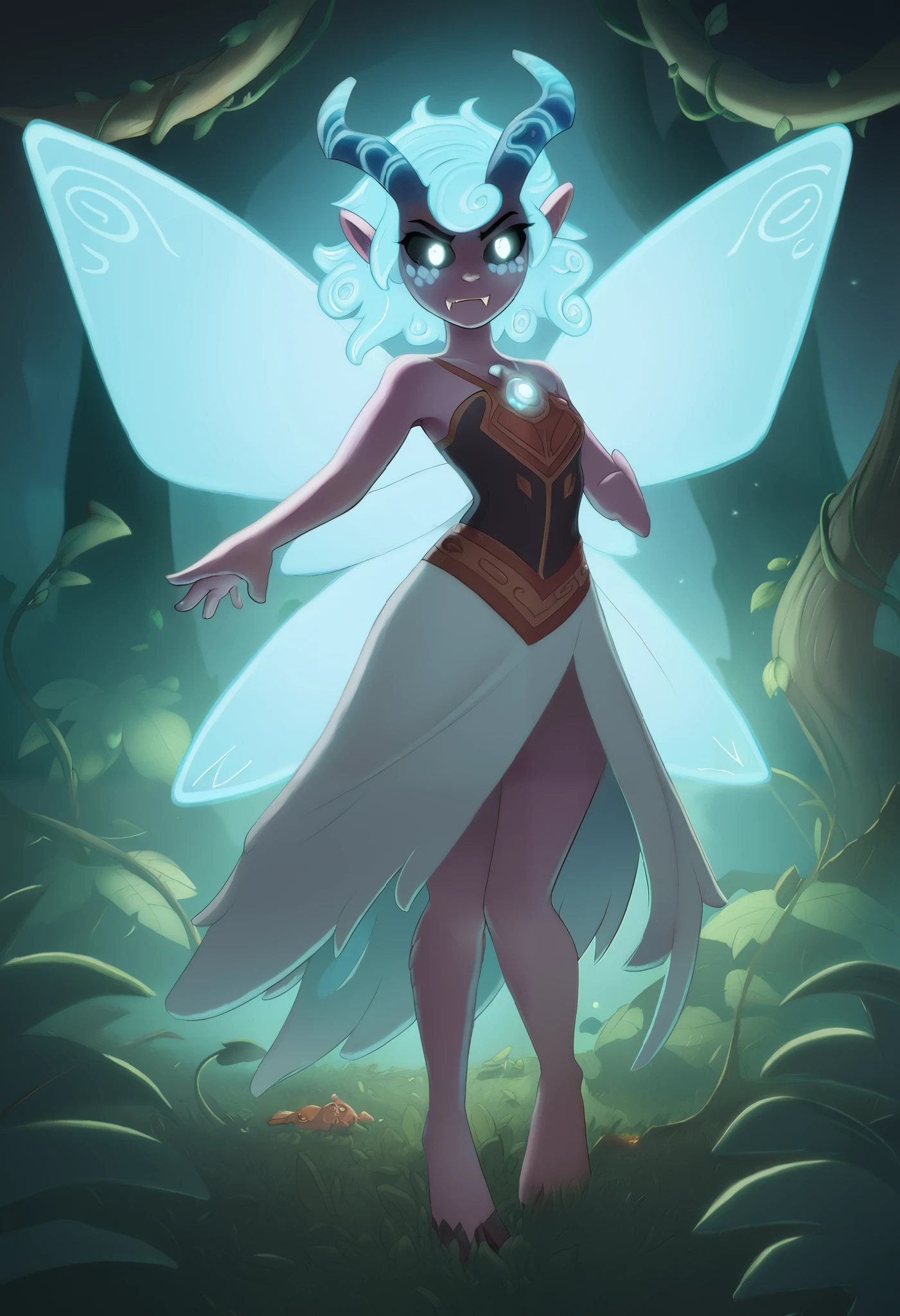 "A fairy-tale environment with a shadowy forest background, featuring tree silhouettes and prismatic coloration. The scene depicts a young woman with purple skin, glowing with heavy freckles. She has a unique, ethereal appearance with fluffy, cloud-like white curls adorned with small green leaves and two long Golden Demonic Curved Horns from her head, decorated with Ethereal Glowing runes. Her face is serious, with sharp Blue glowing eyes and Black sclera, and a small, cute nose. She has deer-like ears and two small vampire-like fangs, adding a mystical touch to her expression. Her outfit is made from natural materials, like grass and leaves, designed to blend into the forest setting while remaining modest. She wears a form hugging bikini made from leaves and vines, which covers her body and creates a fairy-like silhouette, Her legs are wrapped in vines, giving a natural, forest-dwelling appearance. She has large, golden fairy-like wings with a delicate ethereal design and a set of two long fluffy, cloud-like white fox tails swaying gently behind her, both depicted with intricate details. She is standing barefoot in a forest clearing, in a poised and confident stance, suggesting she is ready for an adventure. The scene is filled with a magical, otherworldly atmosphere the overall enchantment of her appearance. detailed face, extremely detailed eyes, masterpiece, 4k, 8k, highres, ultra-detailed, physically-based rendering, professional, vivid colors, studio lighting cinematic lighting, dramatic lighting, fantasy, dramatic composition, dynamic pose, volumetric lighting