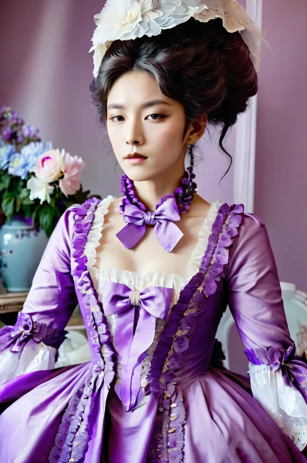 A Korean man in ladies victorian dresses, he is crossdresser, big breasts like a woman, slender female body, His hairstyle is short and manly, long sleeves, purple, vintage dress, rococo dress, silk, satin