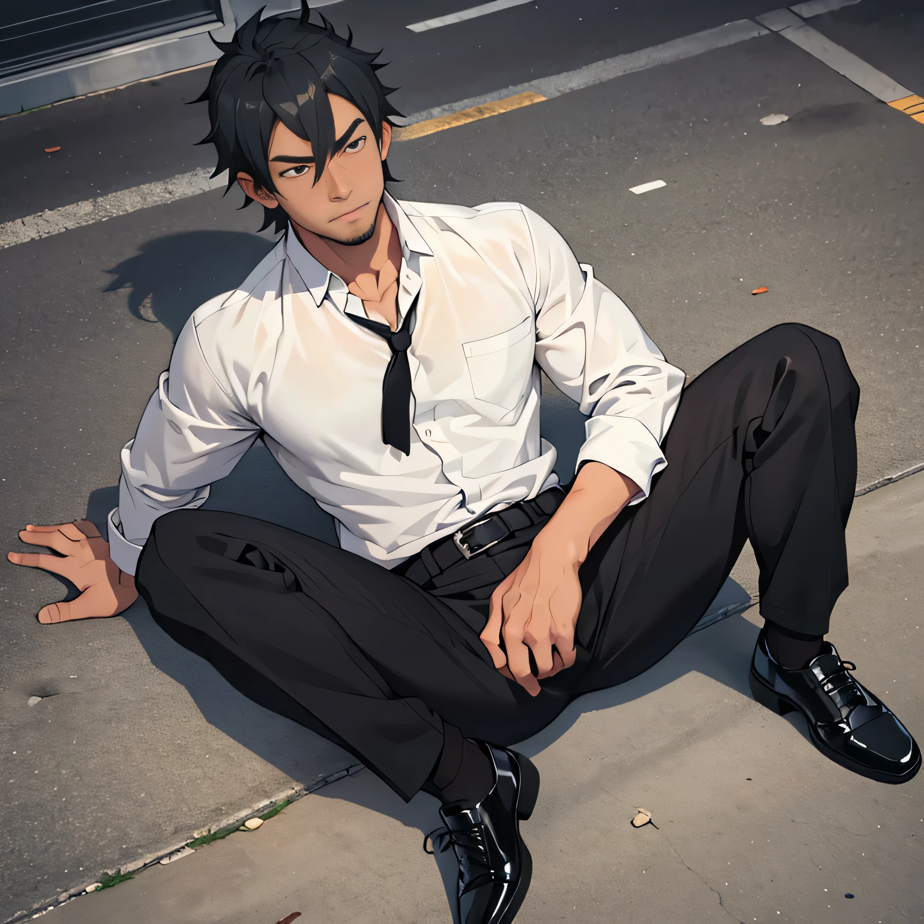 20 years old,,Simple white shirt、black tie,  black slim pants 、 lying on the ground  ,Spread your legs wider,black belt,Black socks,Black leather shoes,logic, Gay , black hair, Shorthair, thick eyebrows,Stubble, Lightly Set Your Hair with Wax , Hachiman Hachiman,Masculine,salaryman,Mob characters,Bad Actor , The crotch part of the pants is bulging, Erotic 3D Finish , 　View from above　　 face up 