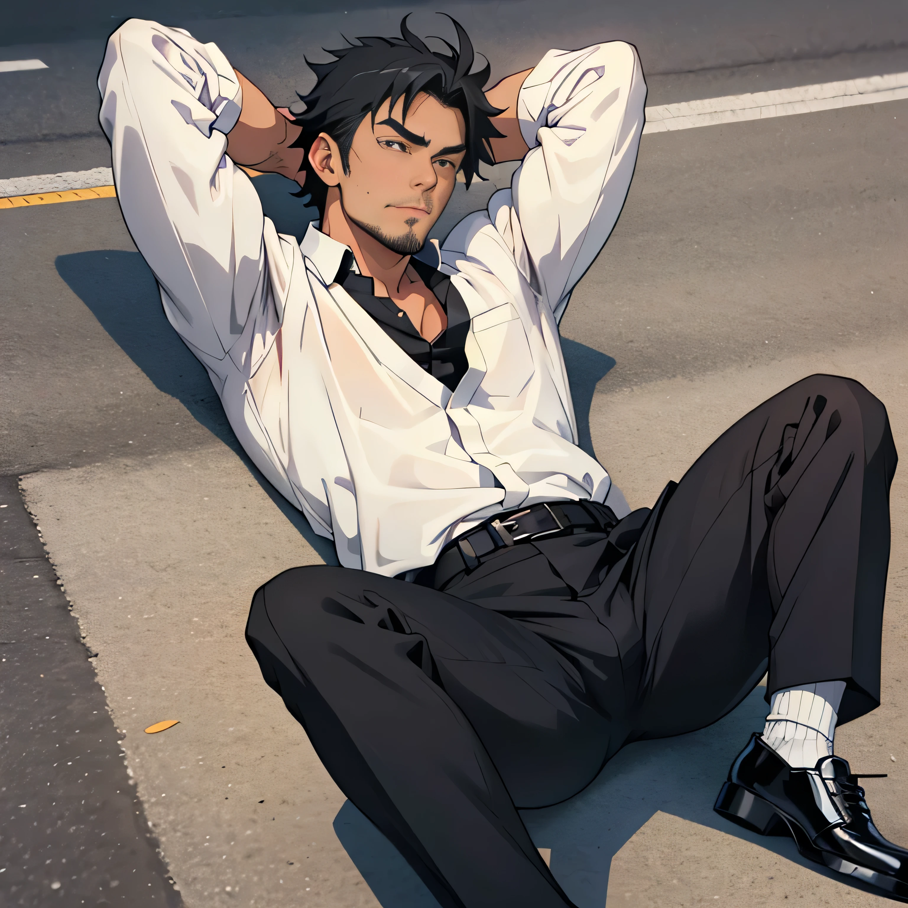 20 years old,,Simple white shirt、black tie,  black slim pants 、 lying on the ground  ,Spread your legs wider,black belt,Black socks,Black leather shoes,logic, Gay , black hair, Shorthair, thick eyebrows,Stubble, Lightly Set Your Hair with Wax , Hachiman Hachiman,Masculine,salaryman,Mob characters,Bad Actor , The crotch part of the pants is bulging, Erotic 3D Finish , 　View from above　　 face up 