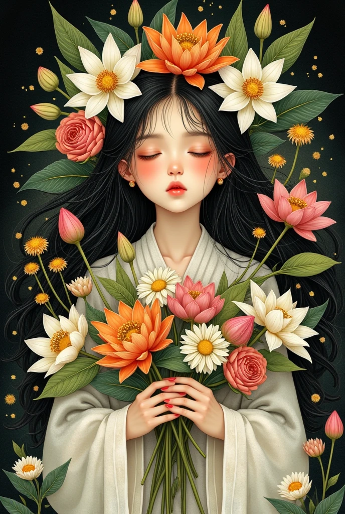 1 Girl, black background,flower束,Vulnerabilities,Butterfly,茶flower, with eyes closed,daisy,Dandelion,site,flower卉背景,flower,flower \(symbol\),flower site,flower wreath,Grass,头flower环,holding flower束,holding flower,绣球flower,leaf,lily \(flower\),lily of the valley,lily pad,Long hair,Long sleeve,莲flower,lie, behind,orange flower,flower瓣,pink flower,pink Rose,Pointed ears, puffy sleeves ,purple flower,ribbon,Rose,olfaction, unique , traditional media,tulip,flower瓶,very Long hair,white flower,white Rose,yellow flower,yellow Rose