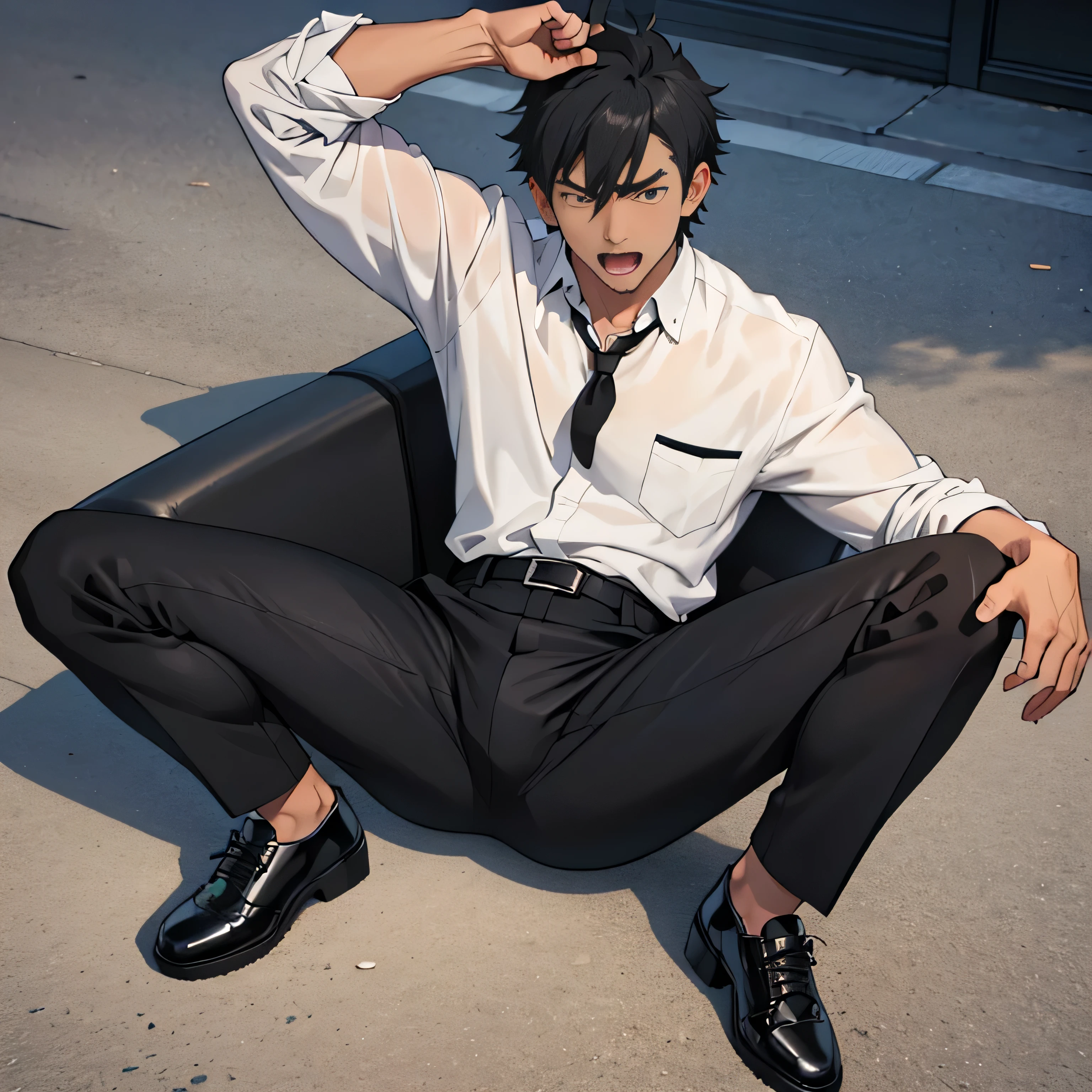 20 years old,,Simple white shirt、black tie,  black slim pants 、 lying on the ground  ,Spread your legs wider,black belt,Black socks,Black leather shoes,logic, Gay , black hair, Shorthair, thick eyebrows,Stubble, Lightly Set Your Hair with Wax , Hachiman Hachiman,Masculine,salaryman,Mob characters,Bad Actor , The crotch part of the pants is bulging, Erotic 3D Finish , 　View from above　Open your mouth wide and scream　 face up 