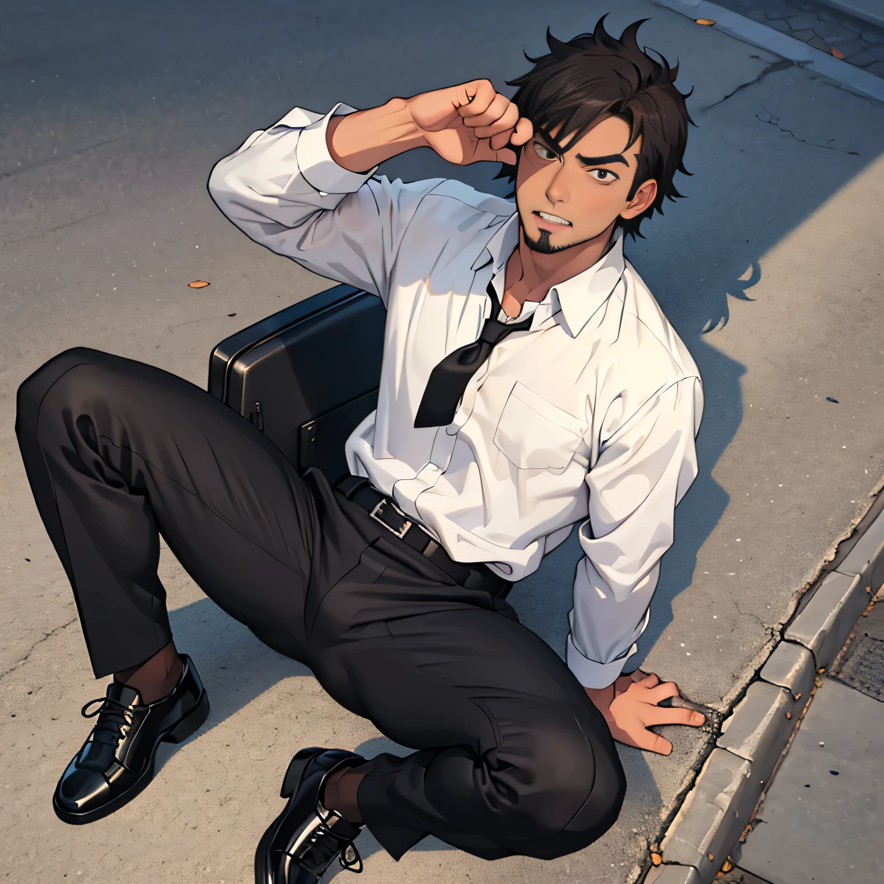 20 years old,,Simple white shirt、black tie,  black slim pants 、 lying on the ground  ,Spread your legs wider,black belt,Black socks,Black leather shoes,logic, Gay ,Brown Hair, Shorthair, thick eyebrows,Stubble, Lightly Set Your Hair with Wax , Hachiman Hachiman,Masculine,salaryman,Mob characters,Bad Actor , The crotch part of the pants is bulging, Erotic 3D Finish , 　View from above　Open your mouth wide and scream　 face up 