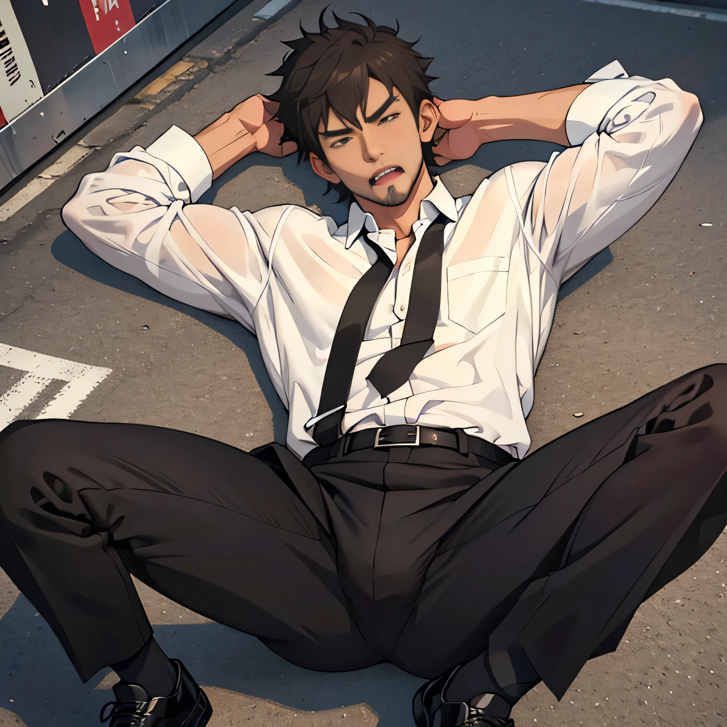 20 years old,,Simple white shirt、black tie,  black slim pants 、 lying on the ground  ,Spread your legs wider,black belt,Black socks,Black leather shoes,logic, Gay ,Brown Hair, Shorthair, thick eyebrows,Stubble, Lightly Set Your Hair with Wax , Hachiman Hachiman,Masculine,salaryman,Mob characters,Bad Actor , The crotch part of the pants is bulging, Erotic 3D Finish , 　View from above　Open your mouth wide and scream　 face up 