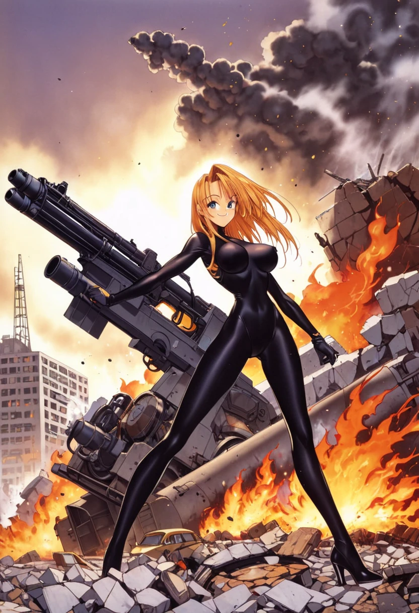 beautiful girl,Large Breasts,Long legs,smile,body suit,huge gun,broken huge tank,flame,rubble,Dust cloud,1990s