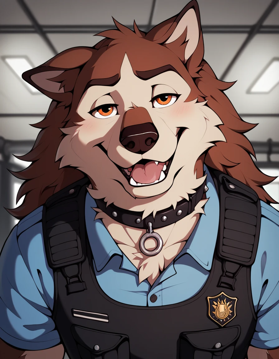  very extra long haired, anthropomorphic, adult, furry, wolf, wearing a heavy police vest,panting, transit station,anthro, black tactical uniform, chain collar, adult furry wolf, wavy hair, long slender snout, sniffing luggage, furry wolf sniffling the luggage with it's nose, dog style POV 