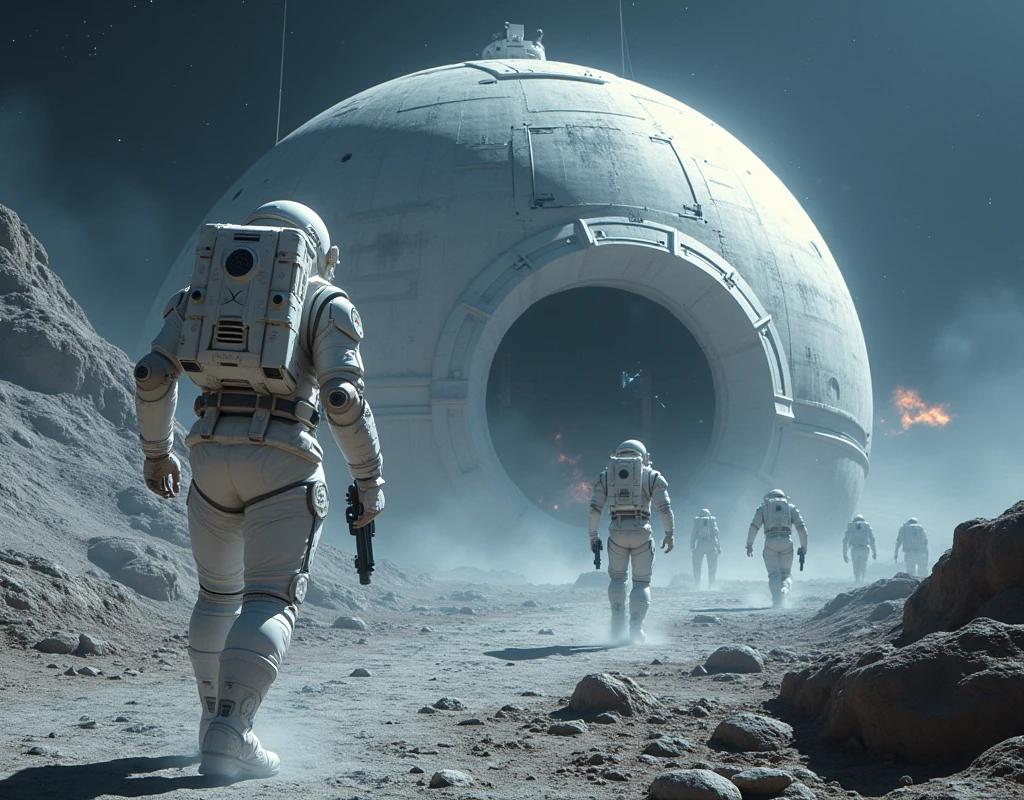 Realistic, theme is "Moon Base", a large dome of a moon base built inside a large crater on the moon, a mysterious dangerous creature invades the dome, causing chaos inside the dome, some members flee and some members take up arms to confront the mysterious creature, combat members wear white space combat suits, sophisticated design, advanced lighting technology, live-action photos 8K quality