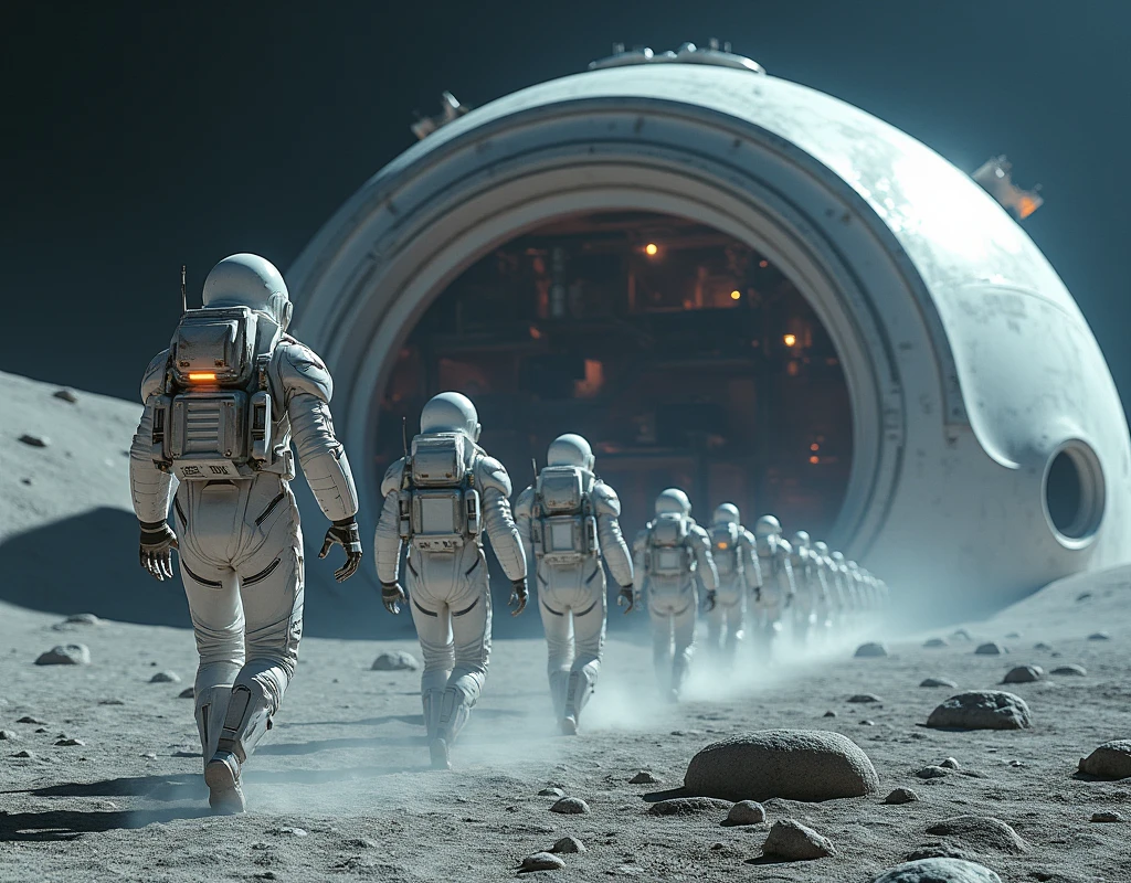 Realistic, theme is "Moon Base", a large dome of a moon base built inside a large crater on the moon, a mysterious dangerous creature invades the dome, causing chaos inside the dome, some members flee and some members take up arms to confront the mysterious creature, combat members wear white space combat suits, sophisticated design, advanced lighting technology, live-action photos 8K quality