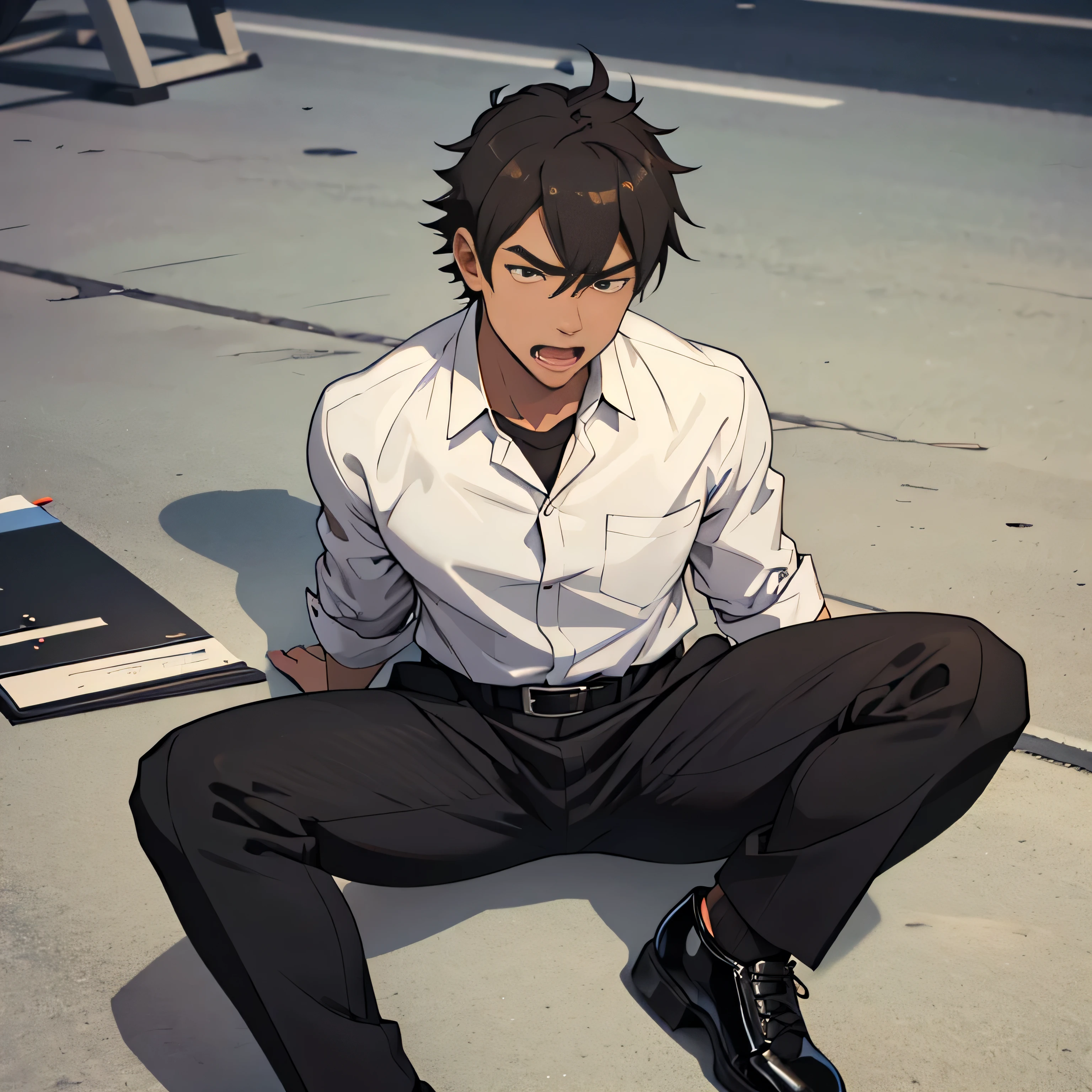 20 years old,,Simple white shirt、black tie,  black slim pants 、 lying on the ground  ,Spread your legs wider,black belt,Black socks,Black leather shoes,logic, Gay ,Brown Hair, Shorthair, thick eyebrows,Stubble, Lightly Set Your Hair with Wax , Hachiman Hachiman,Masculine,salaryman,Mob characters,Bad Actor , The crotch part of the pants is bulging, Erotic 3D Finish , 　View from above　Open your mouth wide and scream　 face up 