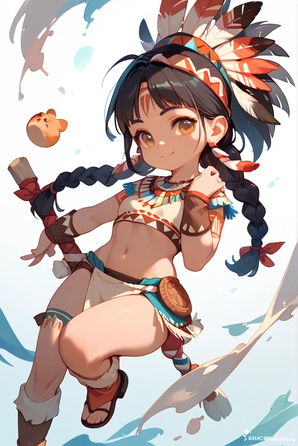 Chibi character, two-dimensional, cute, black hair, Native American clothing