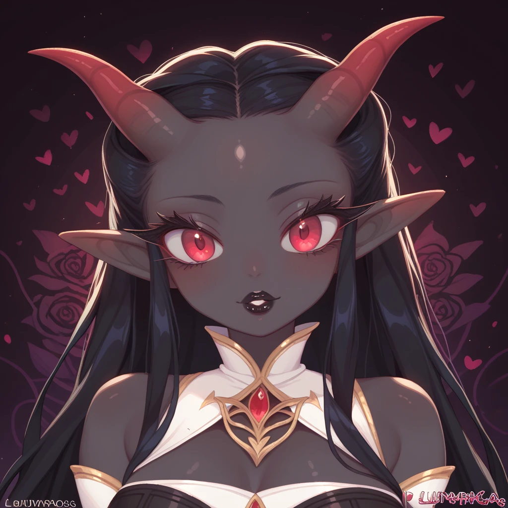 score_9, score_8_up, score_7_up, (Random poses), A beautifully detailed woman, succubus female, long black hair, elf ears, large eyes, red iris, long eyelashes, detailed facial features, black lipstick, (((Black skin))), demon horns, (((Dark pattern background))), dark clothes
