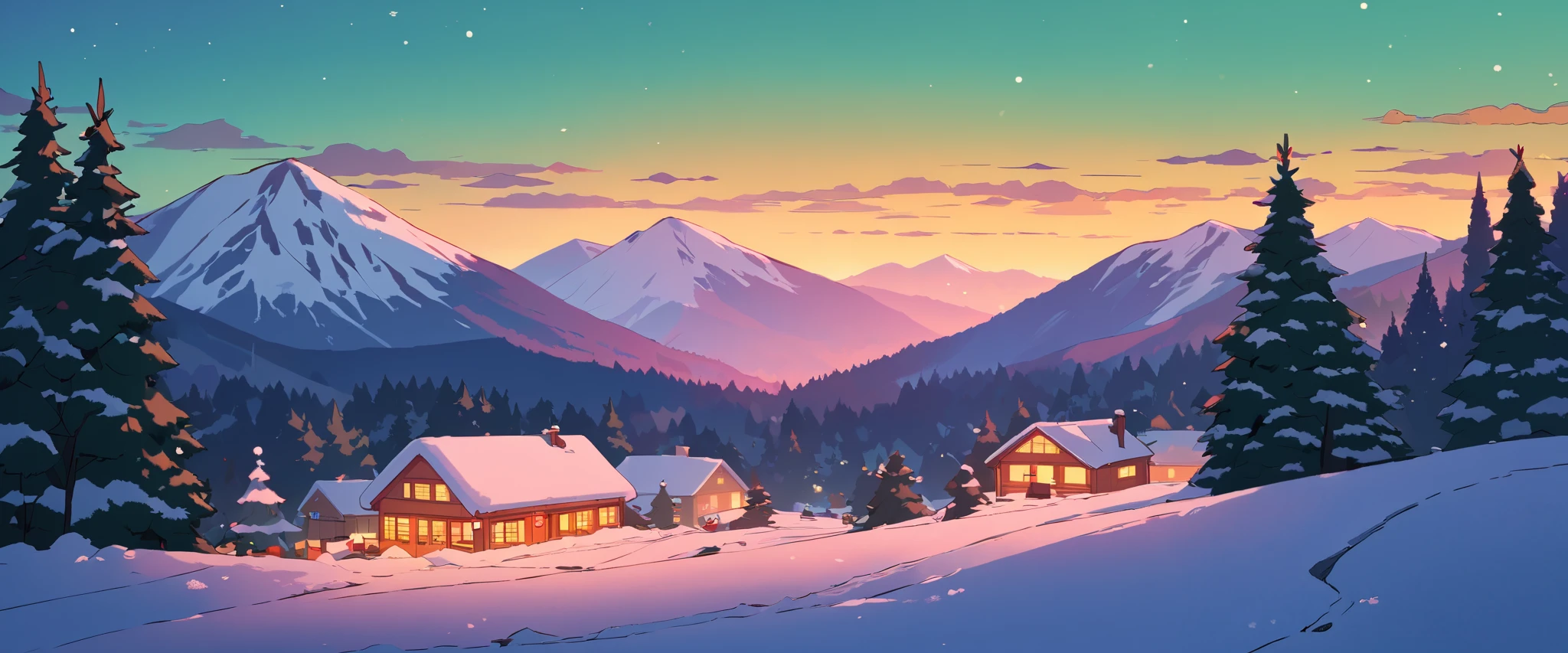 Christmas vibes ultrawide ,cozy ,lofi ,landscape ,forest ,mountain