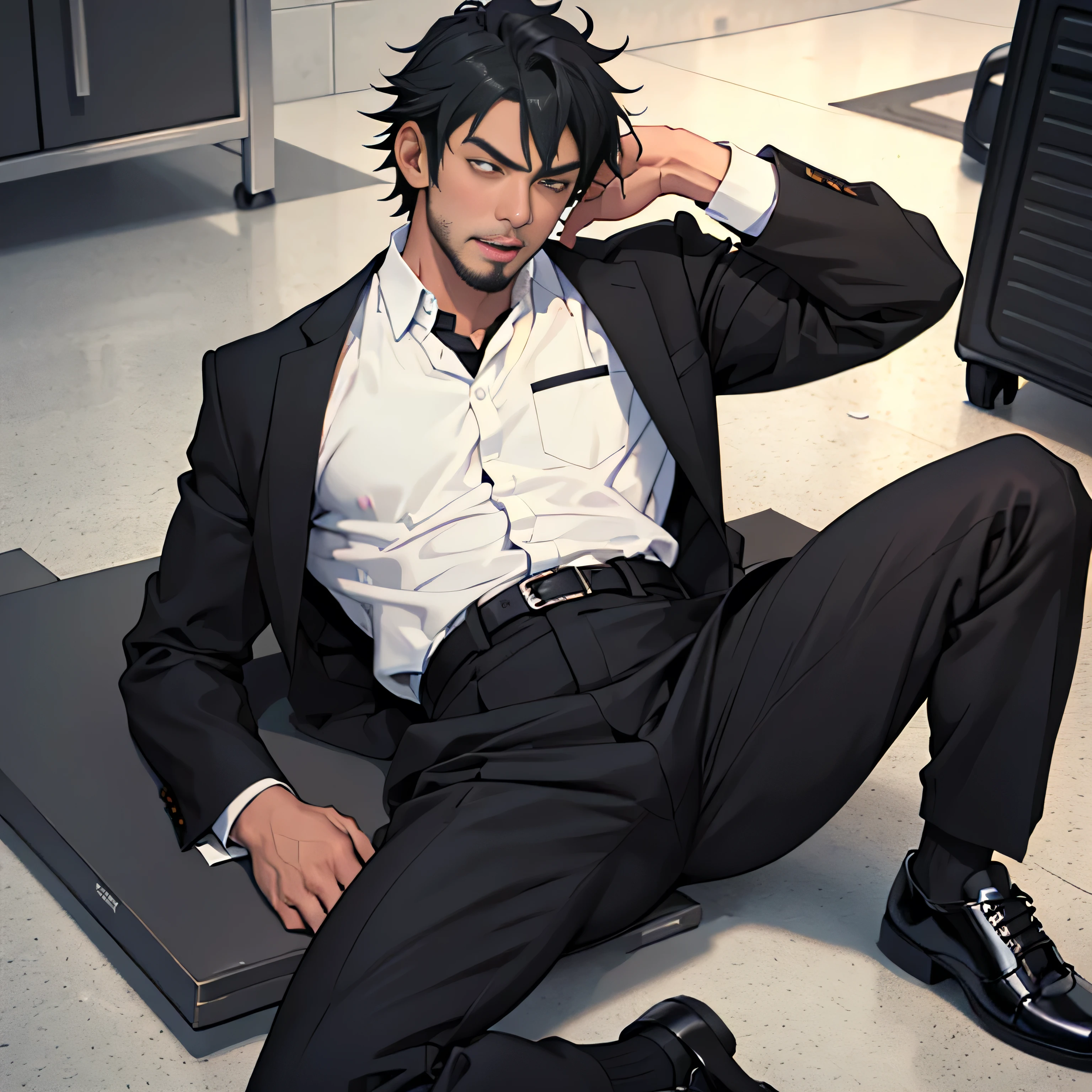 20 years old,,Simple white shirt、black tie,  black slim pants 、 lying on the ground  ,Spread your legs wider,black belt,Black socks,Black leather shoes,logic, Gay , black hair, Shorthair, thick eyebrows,Stubble, Lightly Set Your Hair with Wax , Hachiman Hachiman,Masculine,salaryman,Mob characters,Bad Actor , The crotch part of the pants is bulging, Erotic 3D Finish , 　View from above　Open your mouth wide and scream　 face up 