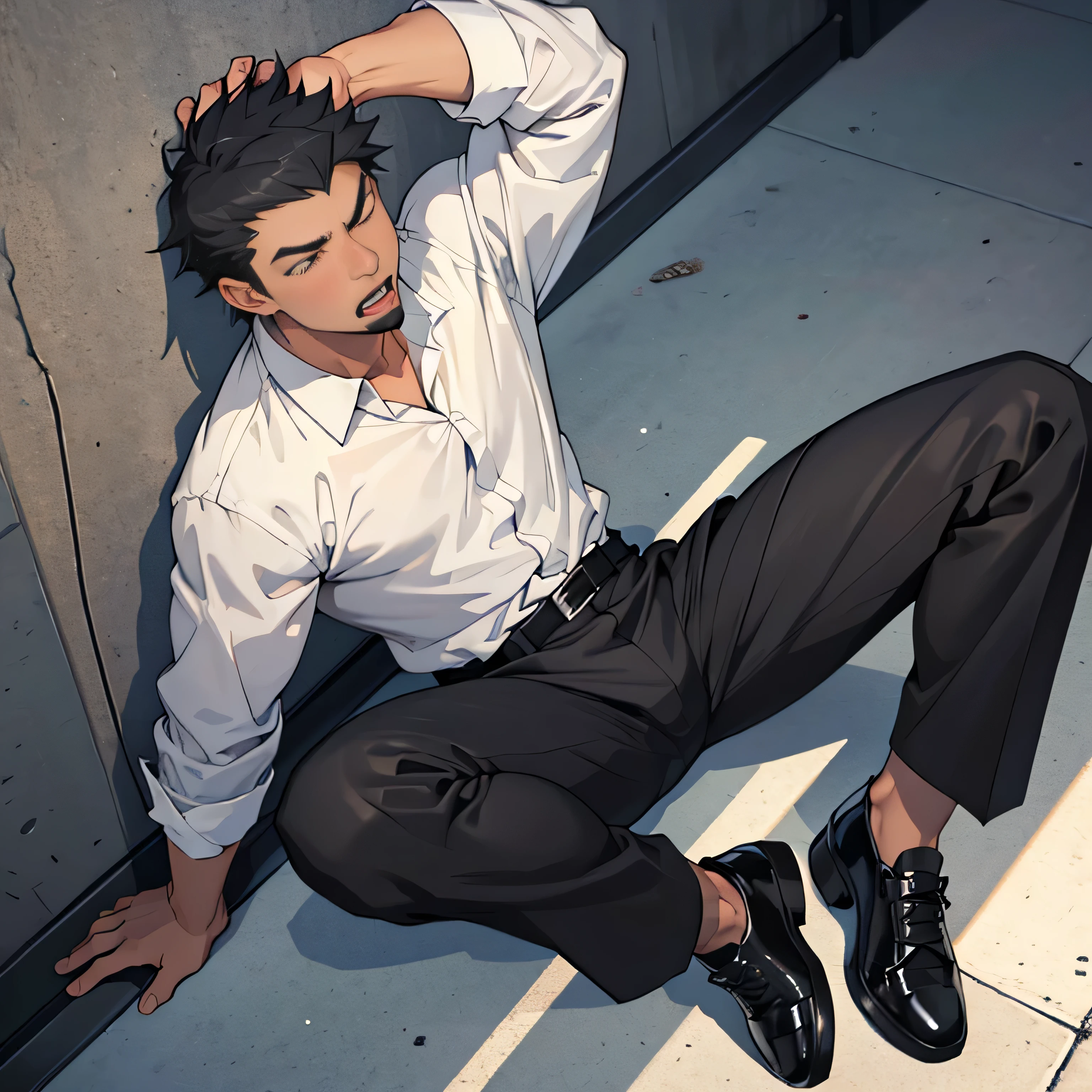 20 years old,,Simple white shirt、black tie,  black slim pants 、 lying on the ground  ,Spread your legs wider,black belt,Black socks,Black leather shoes,logic, Gay , black hair, Shorthair, thick eyebrows,Stubble, Lightly Set Your Hair with Wax , Hachiman Hachiman,Masculine,salaryman,Mob characters,Bad Actor , The crotch part of the pants is bulging, Erotic 3D Finish , 　View from above　Open your mouth wide and scream　 face up 