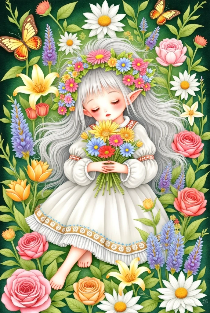 1 Girl,flower束,Butterfly,茶flower, with eyes closed,daisy,Dandelion,site,flower卉背景,flower,flower \(symbol\),flower site,flower wreath,Grass,头flower环,holding flower束,holding flower,绣球flower,leaf,lily \(flower\),lily of the valley,lily pad,Long hair,Long sleeve,莲flower,lie, behind,orange flower,flower瓣,pink flower,pink Rose,Pointed ears, puffy sleeves ,purple flower,ribbon,Rose,olfaction, unique , traditional media,tulip,flower瓶,very Long hair,white flower,white Rose,yellow flower,yellow Rose