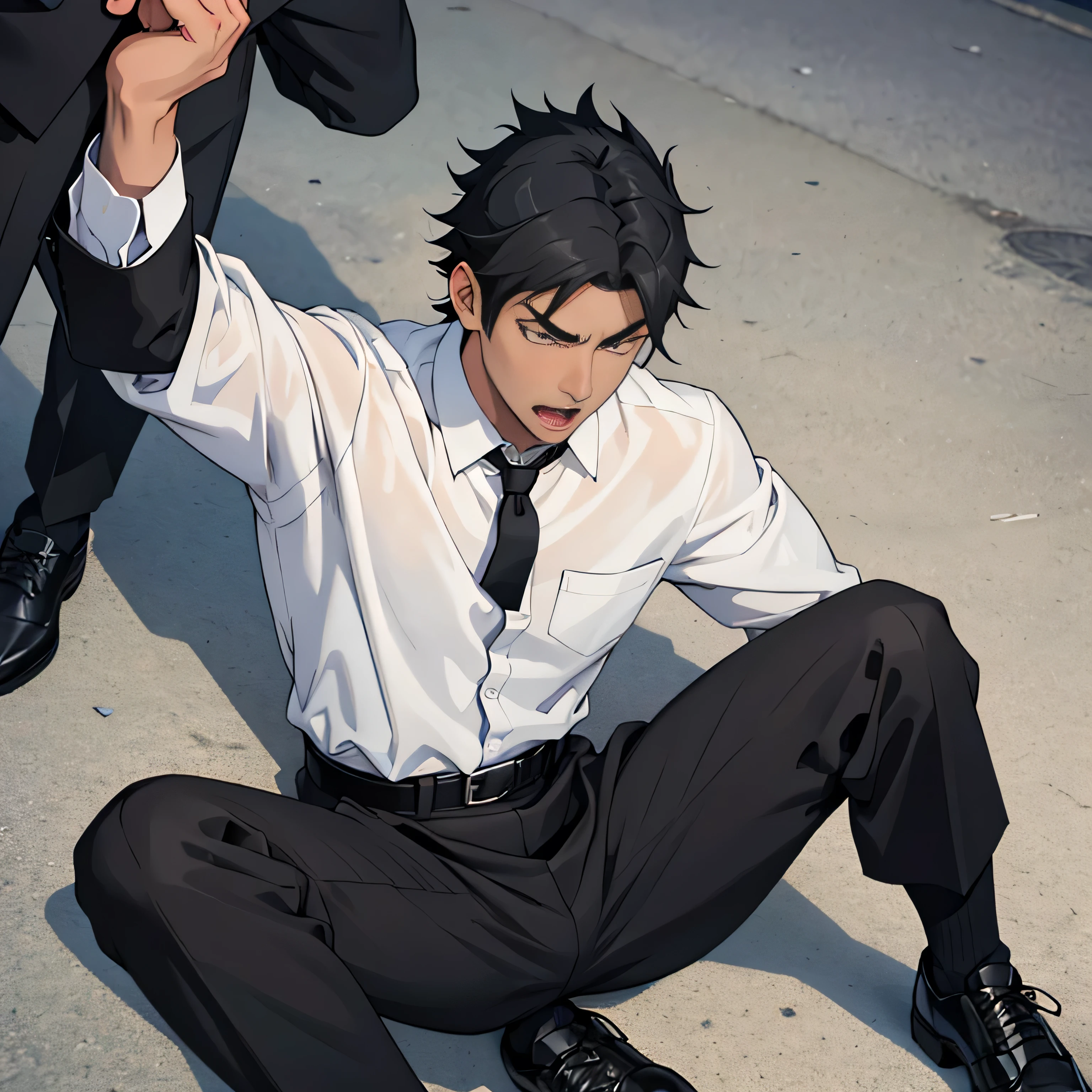 20 years old,,Simple white shirt、black tie,  black slim pants 、 lying on the ground  ,Spread your legs wider,black belt,Black socks,Black leather shoes,logic, Gay , black hair, Shorthair, thick eyebrows,Stubble, Lightly Set Your Hair with Wax , Hachiman Hachiman,Masculine,salaryman,Mob characters,Bad Actor , The crotch part of the pants is bulging, Erotic 3D Finish , 　View from above　Open your mouth wide and scream　 face up 