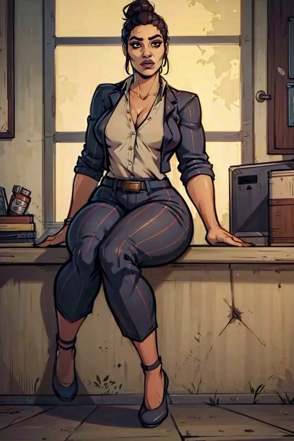 Digital art, highly detailed, angled view, sexy sitting pose, mature woman, adult female, full curvy figure, whole body, form-fitting, Jane Romero (Dead by Daylight) inspired costume, pinstriped blazer, blouse, belt, pinstriped baggy pants that ends above the ankle, belt, flat office shoes, 1woman, solo, upper body, lower body, ((Extremely Detailed)), ((Best Quality)), ((Masterpiece)), ((4k)).
