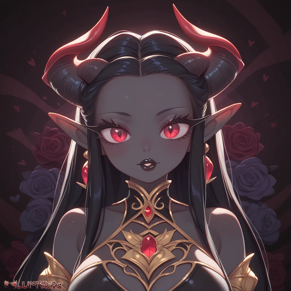 score_9, score_8_up, score_7_up, (Random poses), A beautifully detailed woman, succubus female, long black hair, elf ears, large eyes, red iris, long eyelashes, detailed facial features, black lipstick, (((Black skin))), demon horns, (((Dark pattern background))), dark clothes, medium shot
