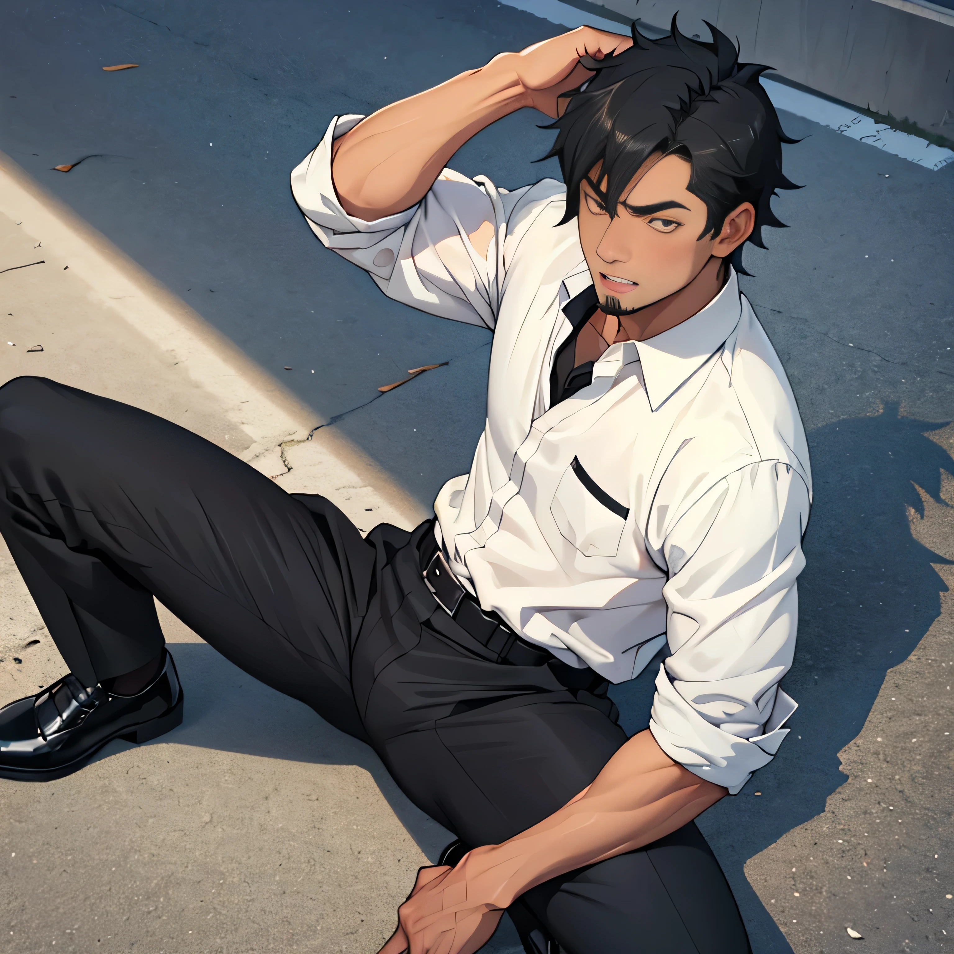 20 years old,,Simple white shirt、black tie,  black slim pants 、 lying on the ground  ,Spread your legs wider,black belt,Black socks,Black leather shoes,logic, Gay , black hair, Shorthair, thick eyebrows,Stubble, Lightly Set Your Hair with Wax , Hachiman Hachiman,Masculine,salaryman,Mob characters,Bad Actor , The crotch part of the pants is bulging, Erotic 3D Finish , 　View from above　Open your mouth wide and scream　 face up 