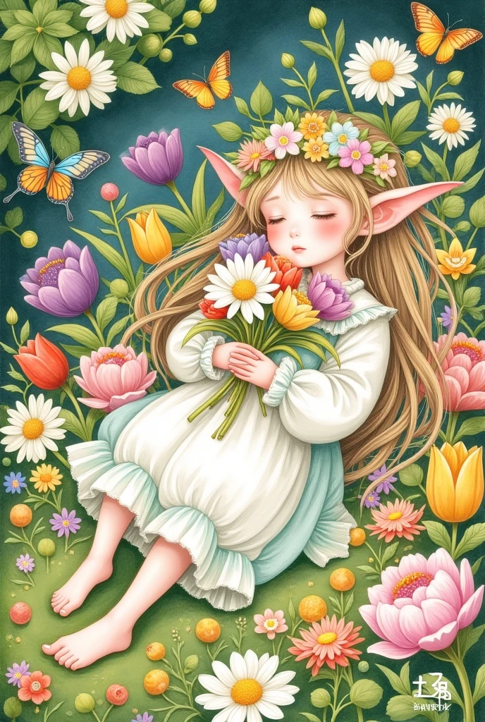 1 Girl,flower束,Butterfly,茶flower, with eyes closed,daisy,Dandelion,site,flower卉背景,flower,flower \(symbol\),flower site,flower wreath,Grass,头flower环,holding flower束,holding flower,绣球flower,leaf,lily \(flower\),lily of the valley,lily pad,Long hair,Long sleeve,莲flower,lie, behind,orange flower,flower瓣,pink flower,pink Rose,Pointed ears, puffy sleeves ,purple flower,ribbon,Rose,olfaction, unique , traditional media,tulip,flower瓶,very Long hair,white flower,white Rose,yellow flower,yellow Rose