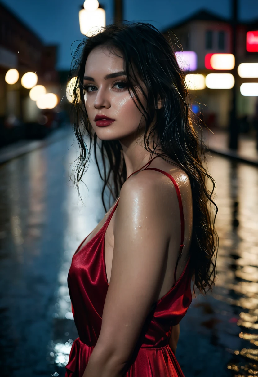 1girl,solo,long hair,Rough skin,from back,face focus,(looking at viewer:1.2),wet hair,dark,polaroid,(depth_of_field:1.5),rainy days,outdoors,street,hair between eyes,moody lighting,Tyndall effect,Cinematic Lighting,night,lamppost,lens flare,available light,rim light,glowing neon lights,curvy,Red silk dress, 