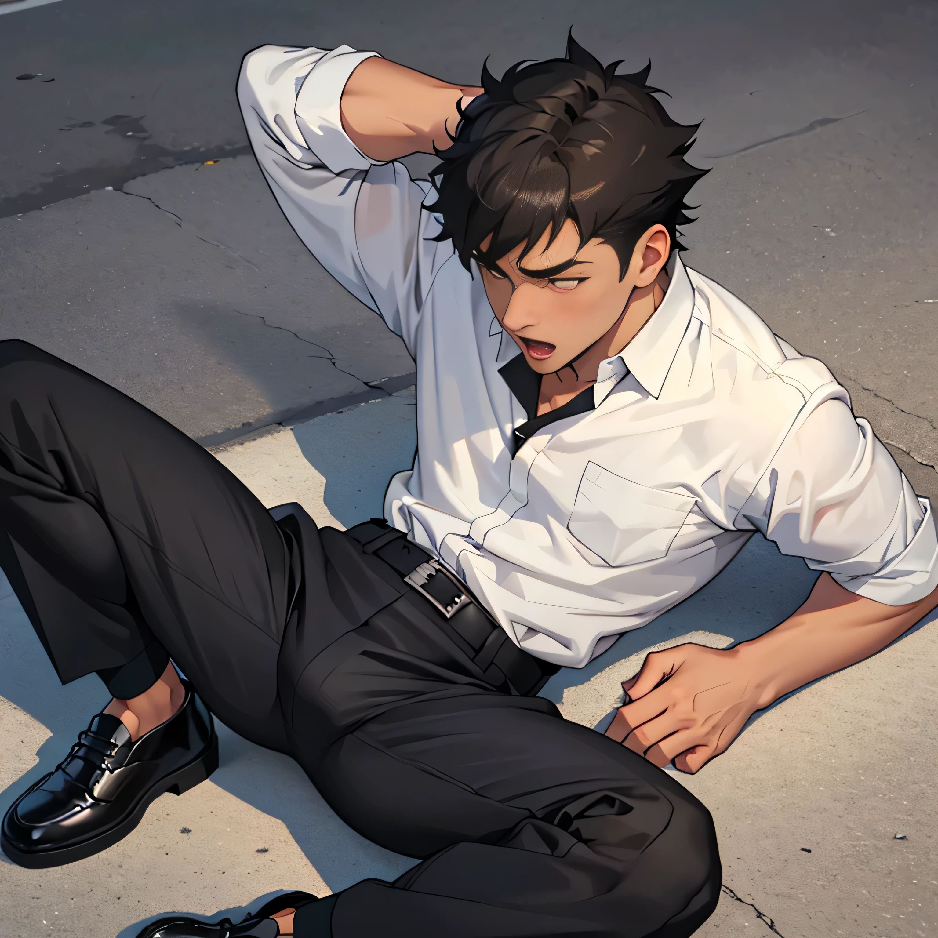 20 years old,,Simple white shirt、black tie,  black slim pants 、 lying on the ground  ,Spread your legs wider,black belt,Black socks,Black leather shoes,logic, Gay ,Brown Hair, Shorthair, thick eyebrows,Stubble, Lightly Set Your Hair with Wax , Hachiman Hachiman,Masculine,salaryman,Mob characters,Bad Actor , The crotch part of the pants is bulging, Erotic 3D Finish , 　View from above　Open your mouth wide and scream　 face up 