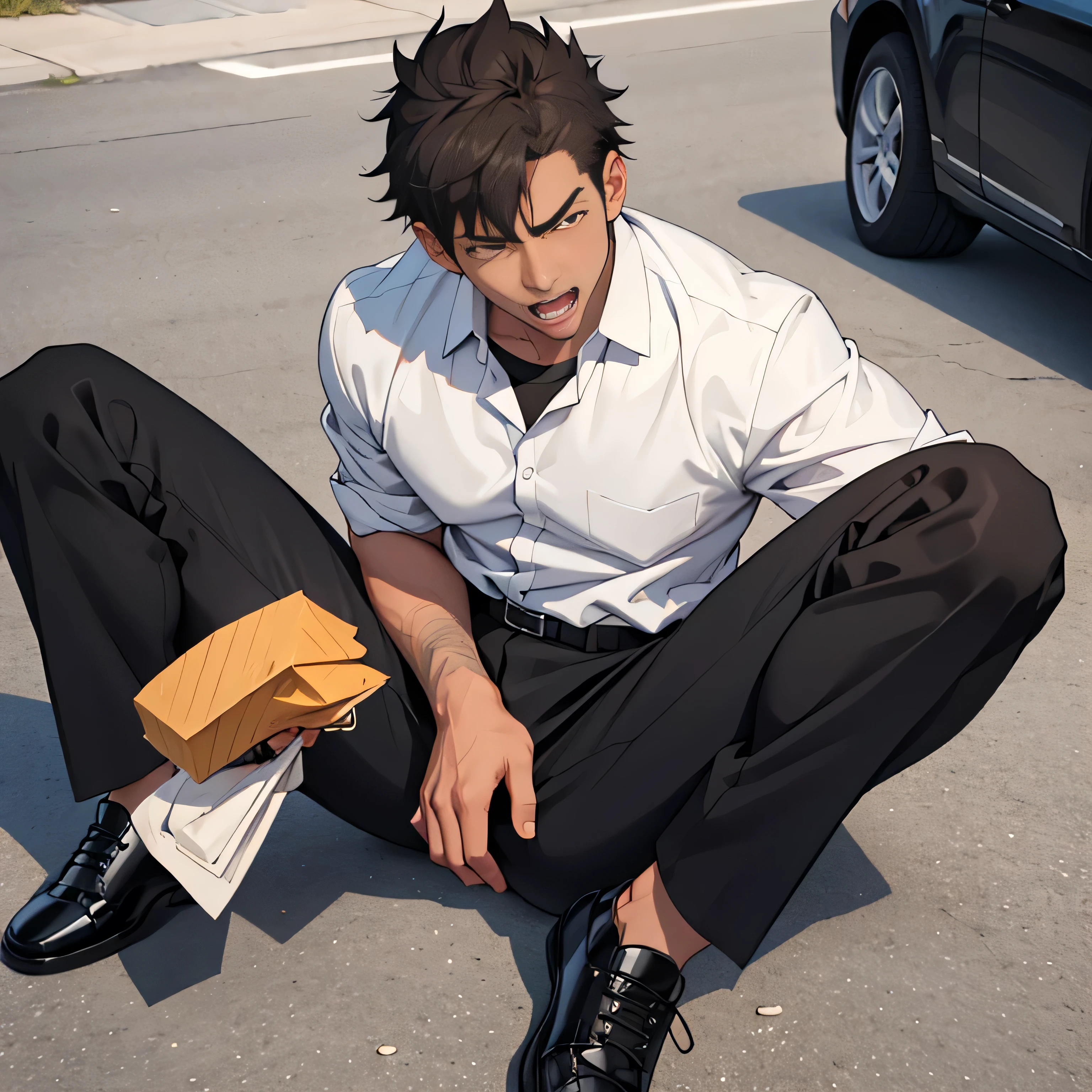 20 years old,,Simple white shirt、black tie,  black slim pants 、 lying on the ground  ,Spread your legs wider,black belt,Black socks,Black leather shoes,logic, Gay ,Brown Hair, Shorthair, thick eyebrows,Stubble, Lightly Set Your Hair with Wax , Hachiman Hachiman,Masculine,salaryman,Mob characters,Bad Actor , The crotch part of the pants is bulging, Erotic 3D Finish , 　View from above　Open your mouth wide and scream　 face up 