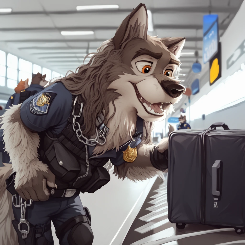 score_9, score_8_up, score_7_up, score_6_up, balto, Kodi, very extra long haired, anthropomorphic, adult, furry, wolf, wearing a heavy police vest,panting, transit station,anthro, black tactical uniform, chain collar, adult furry wolf, wavy hair, long slender snout, sniffing luggage, furry wolf sniffling the luggage with it's nose 