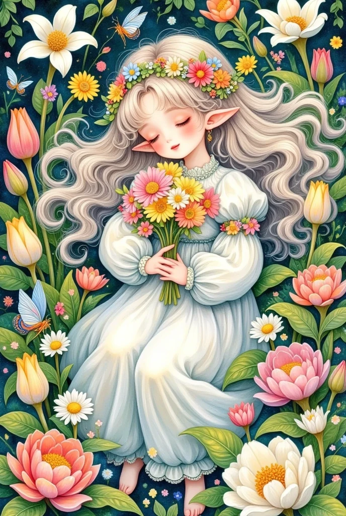 1 Girl,flower束,Butterfly,茶flower, with eyes closed,daisy,Dandelion,site,flower卉背景,flower,flower \(symbol\),flower site,flower wreath,Grass,头flower环,holding flower束,holding flower,绣球flower,leaf,lily \(flower\),lily of the valley,lily pad,Long hair,Long sleeve,莲flower,lie, behind,orange flower,flower瓣,pink flower,pink Rose,Pointed ears, puffy sleeves ,purple flower,ribbon,Rose,olfaction, unique , traditional media,tulip,flower瓶,very Long hair,white flower,white Rose,yellow flower,yellow Rose