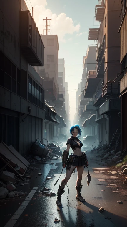 1A girl, chest, blue hair, disheveled abundant hair, straight hair, cat ears, brown skin, green eyes, blue pants, high black boots, black croptop, high black gloves, young, apocalyptic background, Ruins, destroyed city, night, anime, 2d, cartoon, comic, high quality