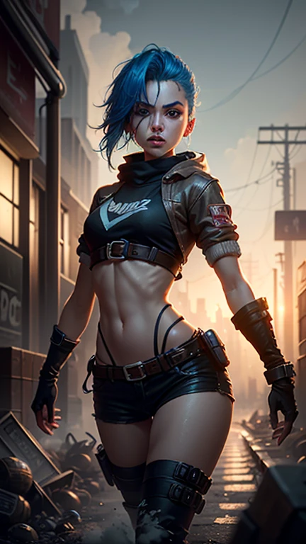 Woman body defined thick thighs parts of the covered by technological clothing, perfect breasts, generous neckline, black and red mohawk hair, short underwear, garter belt