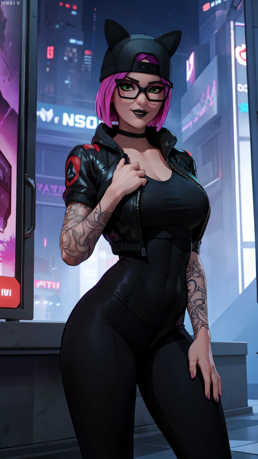 Gaming Zone Lynx chaqueta Negro, guantes sin dedos, Leggings de latex, ojos finos, neon, pose heroico
