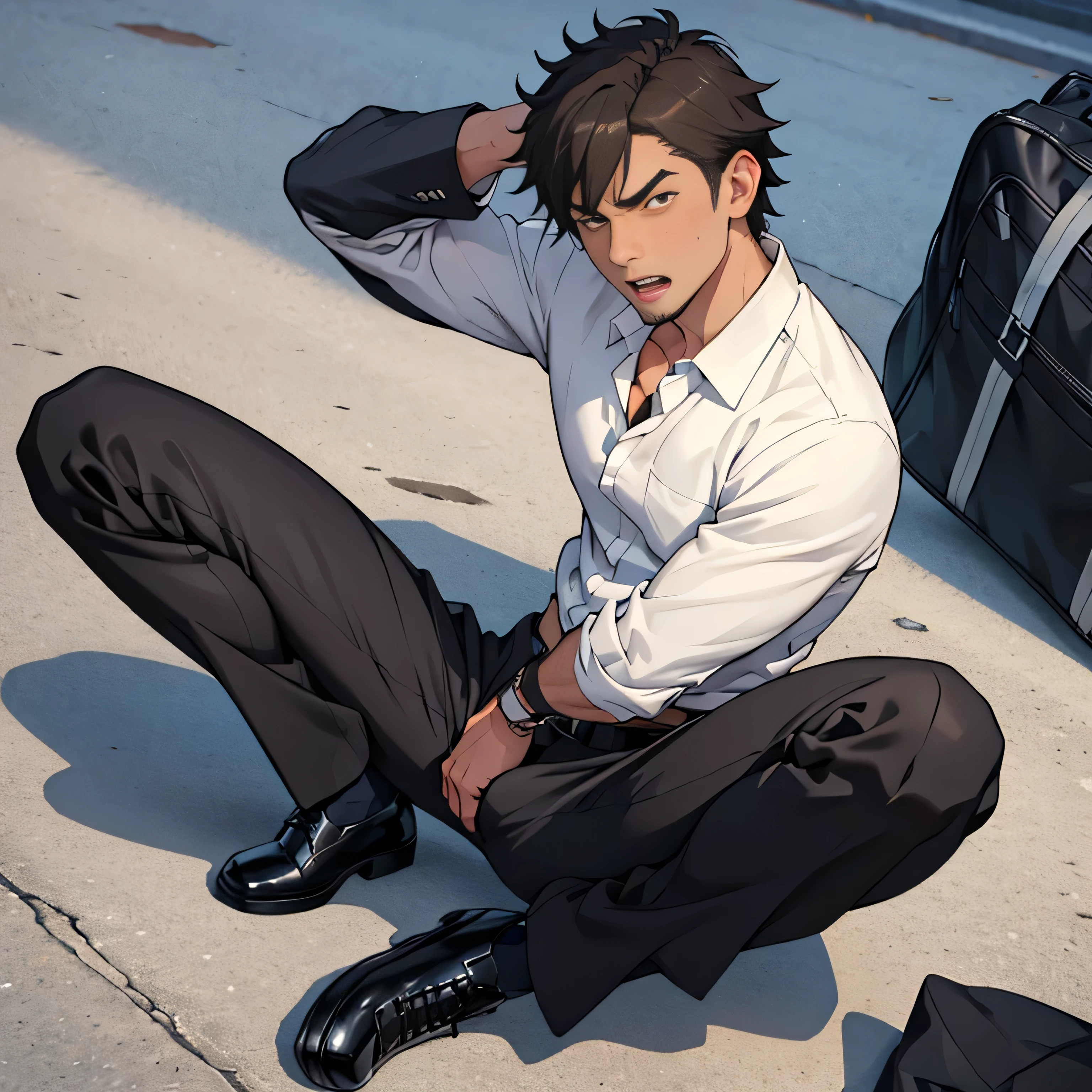 20 years old,,Simple white shirt、black tie,  black slim pants 、 lying on the ground  ,Spread your legs wider,black belt,Black socks,Black leather shoes,logic, Gay ,Brown Hair, Shorthair, thick eyebrows,Stubble, Lightly Set Your Hair with Wax , Hachiman Hachiman,Masculine,salaryman,Mob characters,Bad Actor , The crotch part of the pants is bulging, Erotic 3D Finish , 　View from above　Open your mouth wide and scream　 face up 