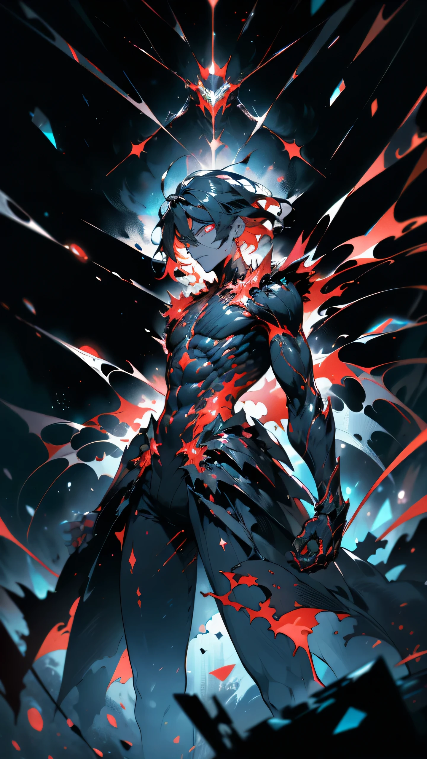 8k, complex, elegant, highly detailed, majestic, digital photography, surrealist painting, beating magic, winding ice and snow, (masterpiece, side light, fine beautiful eyes: 1.2), HDR, (glowing red eyes)), naked upper body, (glowing tattoo), handsome boy, black hair, muscles, black skin, demon horn, raining, handsome, facing the camera, masterpiece