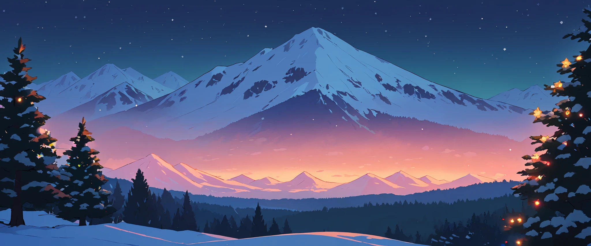 Christmas vibes ultrawide ,cozy ,lofi ,landscape ,forest ,mountain