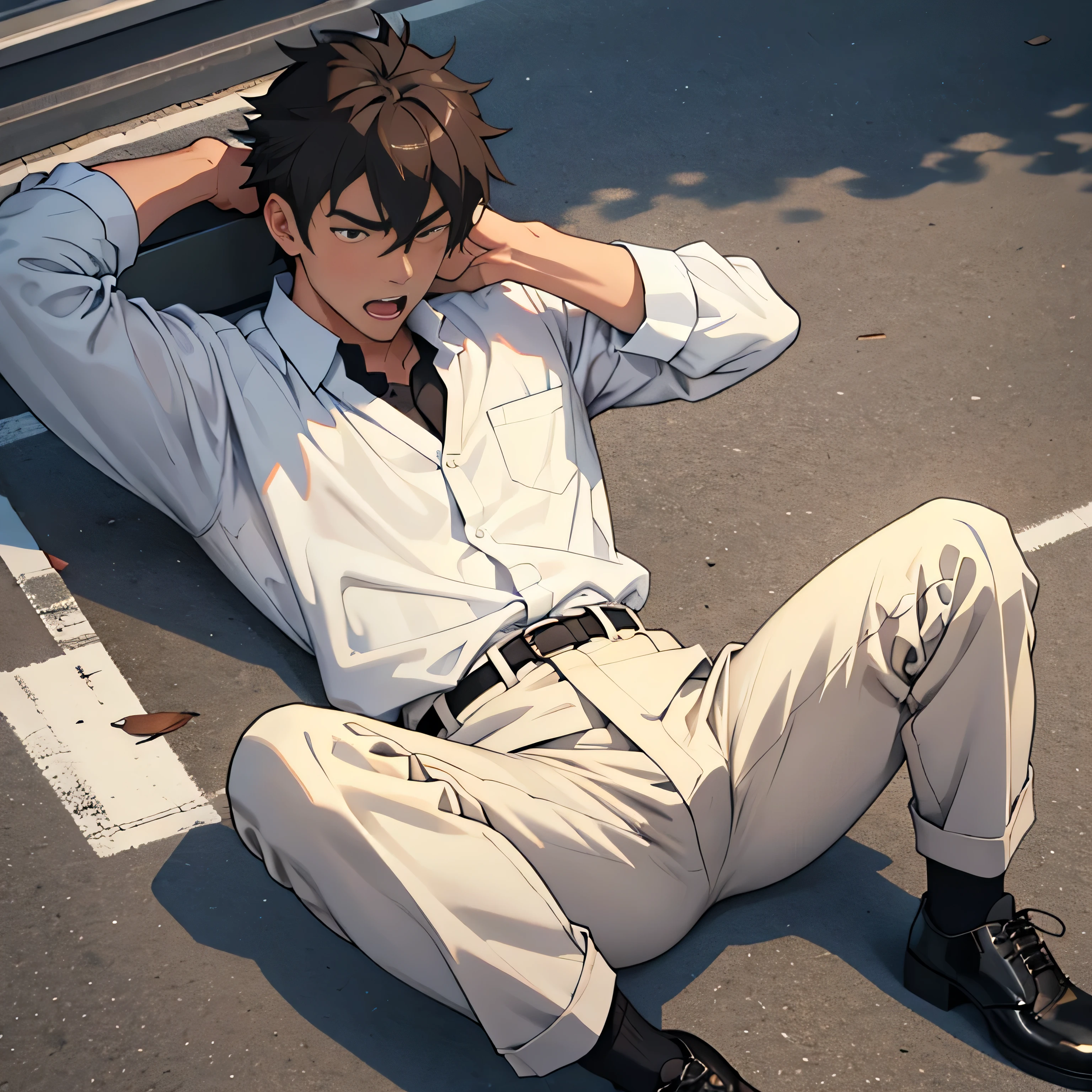 20 years old,,Simple white shirt、black tie,  black slim pants 、 lying on the ground  ,Spread your legs wider,black belt,Black socks,Black leather shoes,logic, Gay ,Brown Hair, Shorthair, thick eyebrows,Stubble, Lightly Set Your Hair with Wax , Hachiman Hachiman,Masculine,salaryman,Mob characters,Bad Actor , The crotch part of the pants is bulging, Erotic 3D Finish , 　View from above　Open your mouth wide and scream　 face up 