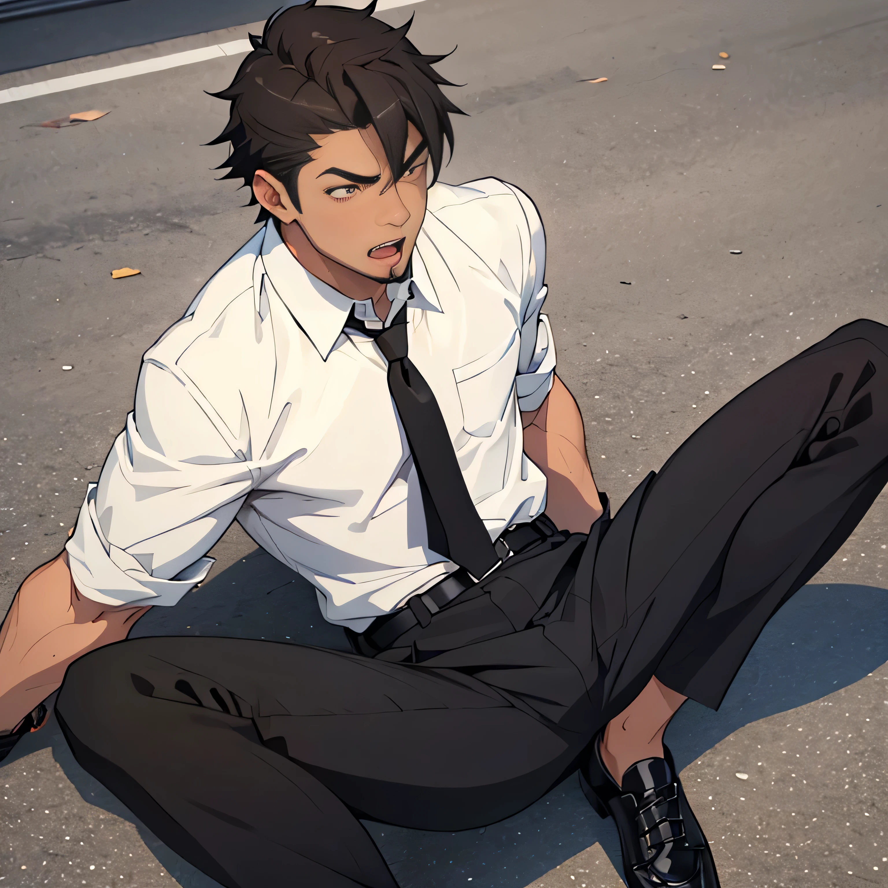 20 years old,,Simple white shirt、black tie,  black slim pants 、 lying on the ground  ,Spread your legs wider,black belt,Black socks,Black leather shoes,logic, Gay ,Brown Hair, Shorthair, thick eyebrows,Stubble, Lightly Set Your Hair with Wax , Hachiman Hachiman,Masculine,salaryman,Mob characters,Bad Actor , The crotch part of the pants is bulging, Erotic 3D Finish , 　View from above　Open your mouth wide and scream　 face up 