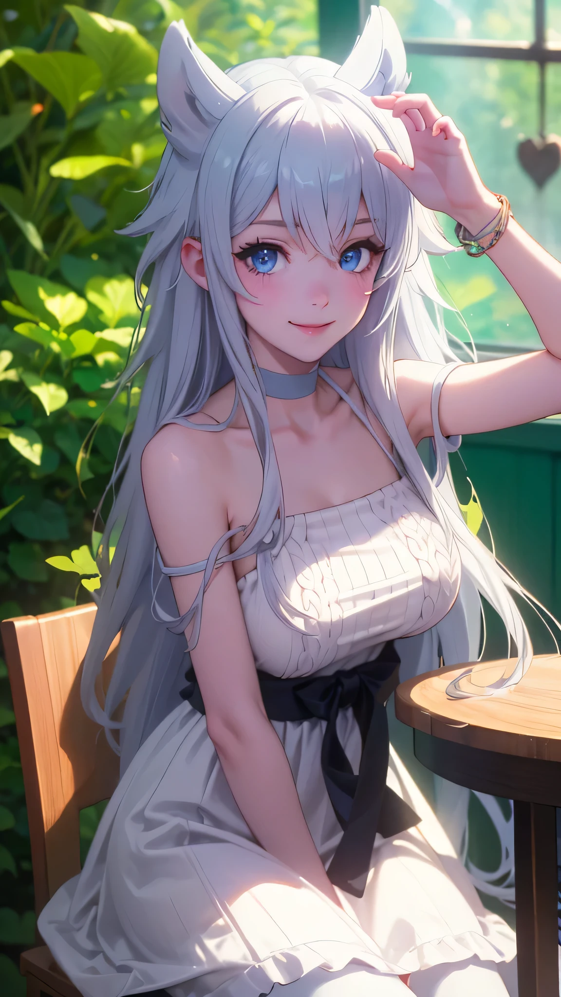 Upper body, photorealistic, (4k), depth of field, (Masterpiece), (realistic skin texture), (Smile), extremely detailed, intricate, hyper detailed, professional photography, White sweater, White Skirt, Ehite pantyhose, bokeh, high resolution, sharp detail, best quality, girl, white hair, long hair, animal ears, blue eyes, white dress, bracelets, bare shoulders, blue ribbon, chocker, gladiator sandals,dynamic pose, (Random Pose),  Sit on chair in Cafe