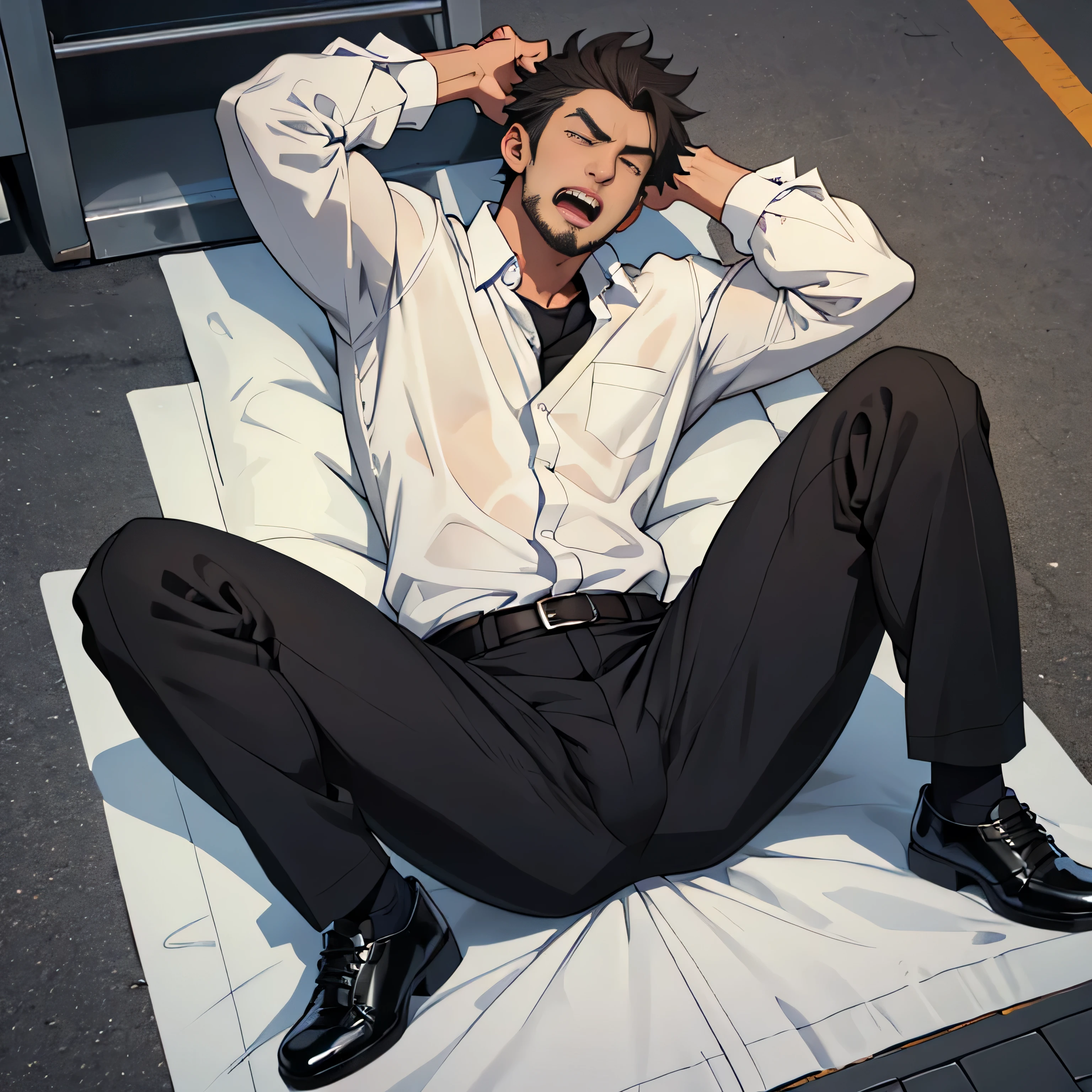 20 years old,,Simple white shirt、black tie,  black slim pants 、 lying on the ground  ,Spread your legs wider,black belt,Black socks,Black leather shoes,logic, Gay ,Brown Hair, Shorthair, thick eyebrows,Stubble, Lightly Set Your Hair with Wax , Hachiman Hachiman,Masculine,salaryman,Mob characters,Bad Actor , The crotch part of the pants is bulging, Erotic 3D Finish , 　View from above　Open your mouth wide and scream　 face up 