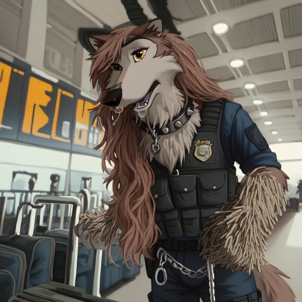 score_9, score_8_up, score_7_up, score_6_up, jenna, aleu, very extra long haired, anthropomorphic, adult, furry, wolf, wearing a heavy police vest,panting, transit station,anthro, black tactical uniform, chain collar, adult furry wolf, wavy hair, long slender snout, sniffing luggage, furry wolf sniffling the luggage with it's nose 