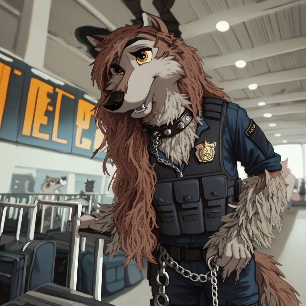 score_9, score_8_up, score_7_up, score_6_up, jenna, aleu, very extra long haired, anthropomorphic, adult, furry, wolf, wearing a heavy police vest,panting, transit station,anthro, black tactical uniform, chain collar, adult furry wolf, wavy hair, long slender snout, sniffing luggage, furry wolf sniffling the luggage with it's nose 