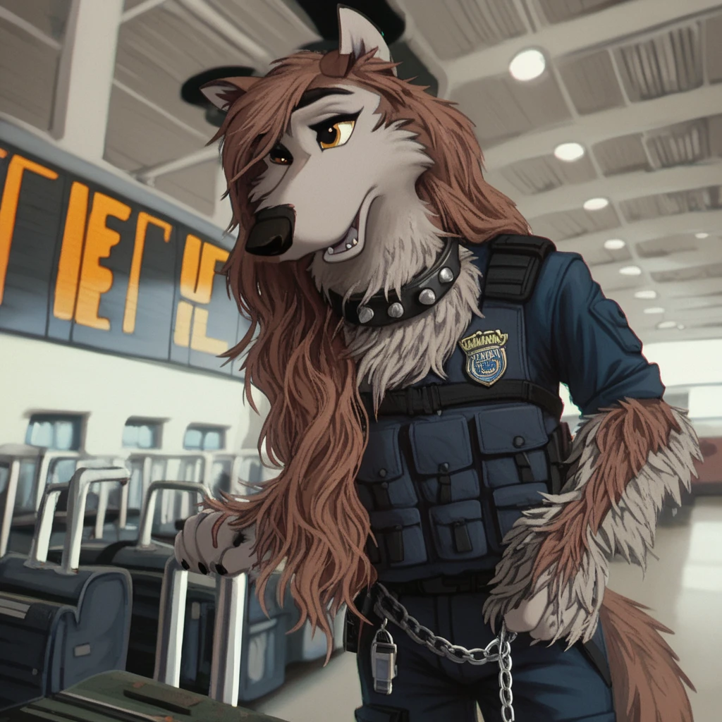 score_9, score_8_up, score_7_up, score_6_up, jenna, aleu, very extra long haired, anthropomorphic, adult, furry, wolf, wearing a heavy police vest,panting, transit station,anthro, black tactical uniform, chain collar, adult furry wolf, wavy hair, long slender snout, sniffing luggage, furry wolf sniffling the luggage with it's nose 