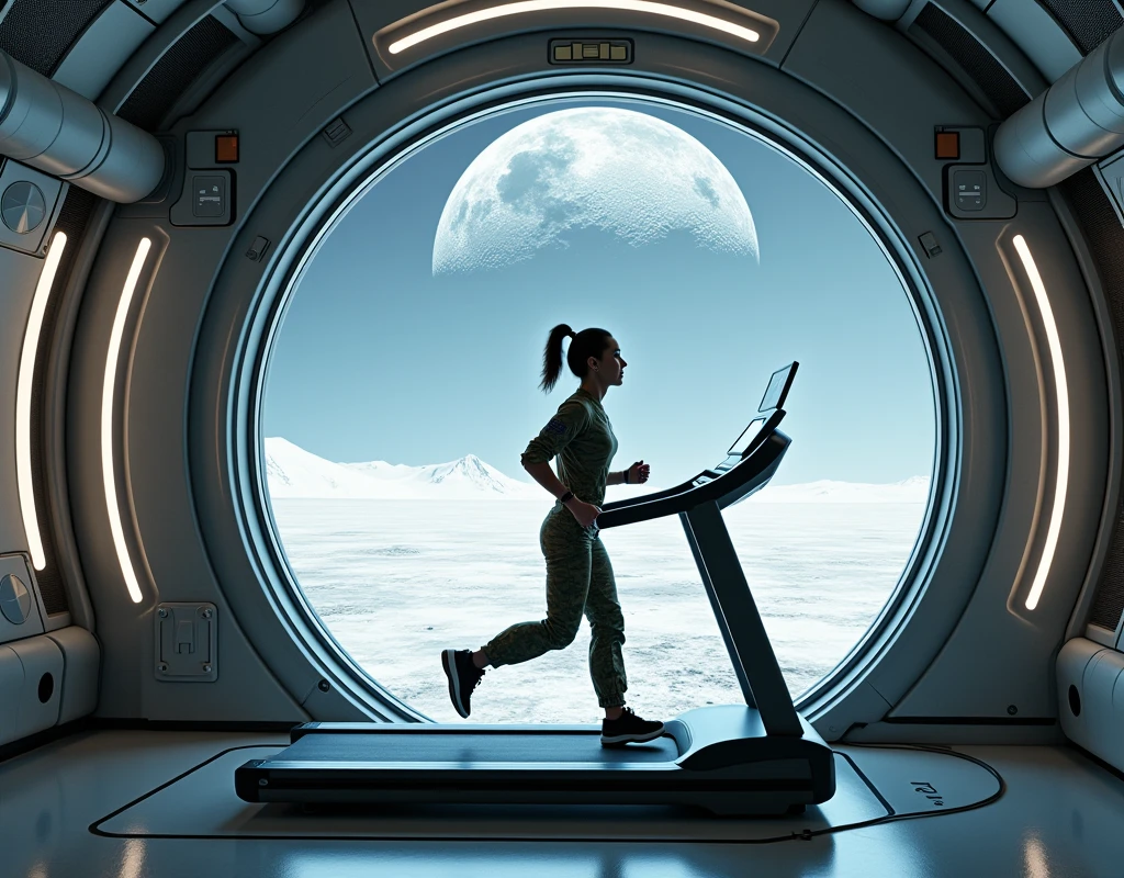 Realistic, theme is "Moon Base", large dome of the lunar base built in a large crater on the moon, female soldier sweating in the training room inside the dome, jogging on a treadmill, the soldier sweating has a refreshing expression, the large round window offers a view of the endless scenery of outer space, sophisticated design, advanced lighting technology, real-life photo 8K quality