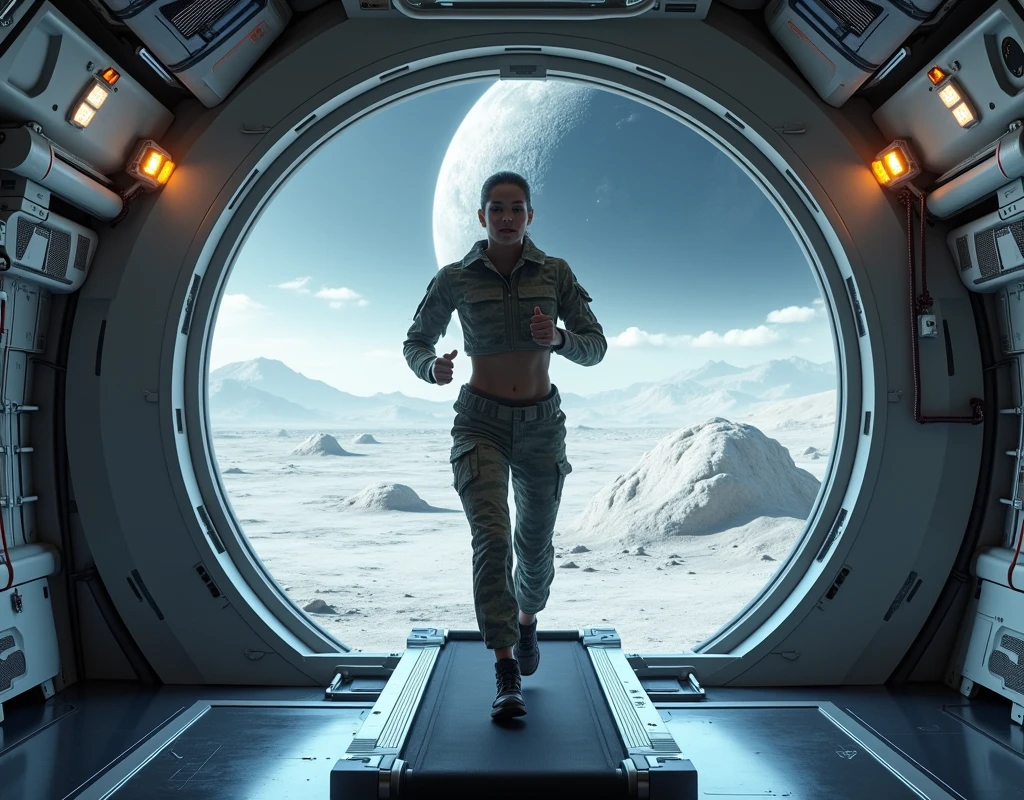 Realistic, theme is "Moon Base", large dome of the lunar base built in a large crater on the moon, female soldier sweating in the training room inside the dome, jogging on a treadmill, the soldier sweating has a refreshing expression, the large round window offers a view of the endless scenery of outer space, sophisticated design, advanced lighting technology, real-life photo 8K quality