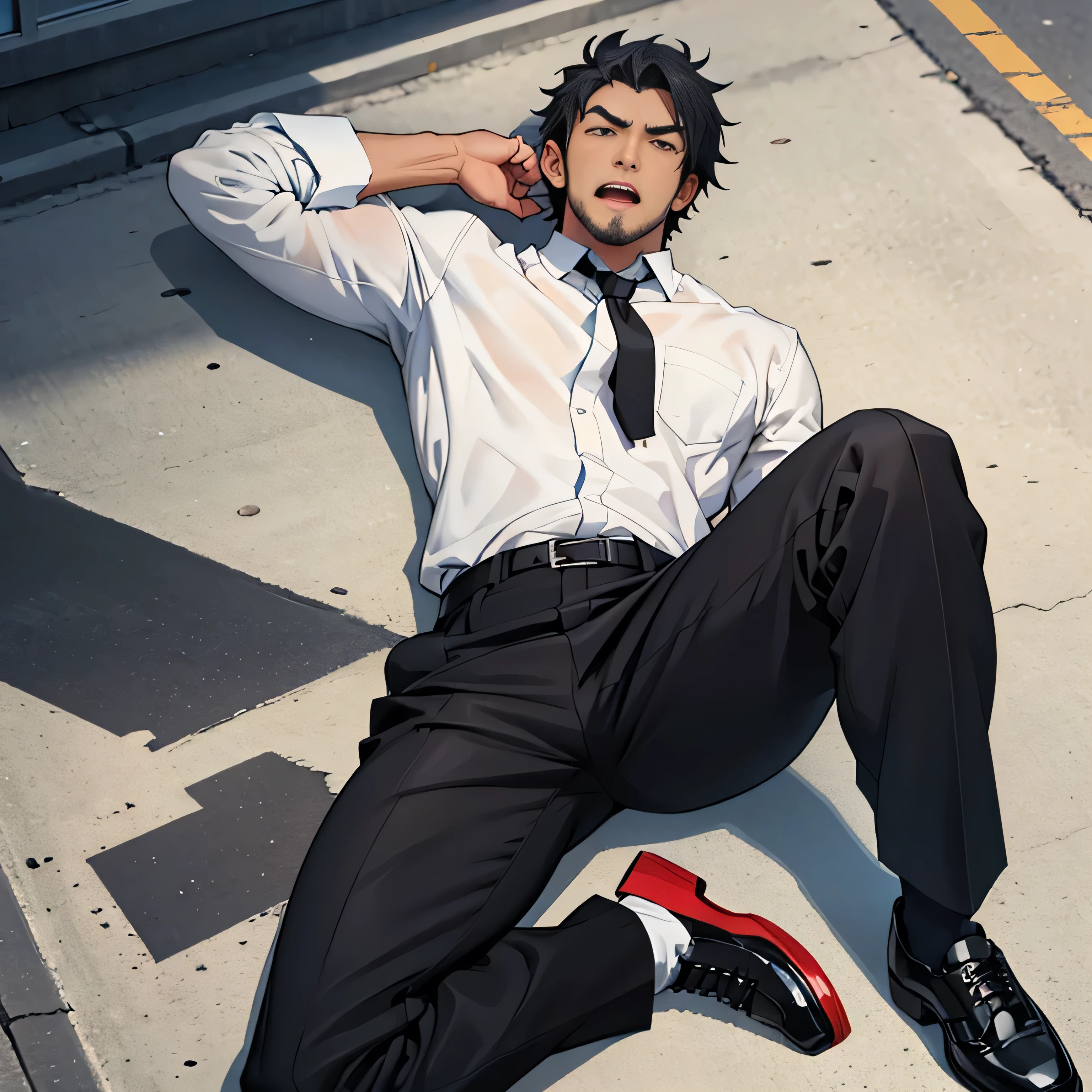 20 years old,,Simple white shirt、black tie,  black slim pants 、 lying on the ground  ,Spread your legs wider,black belt,Black socks,Black leather shoes,logic, Gay , black hair, Shorthair, thick eyebrows,Stubble, Lightly Set Your Hair with Wax , Hachiman Hachiman,Masculine,salaryman,Mob characters,Bad Actor , The crotch part of the pants is bulging, Erotic 3D Finish , 　View from above　Open your mouth wide and scream　 face up 