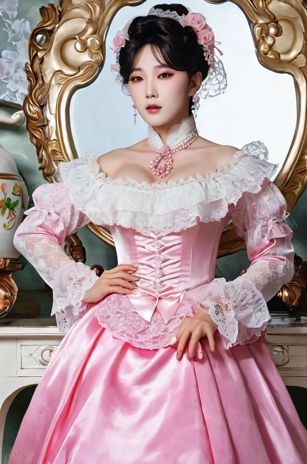 A Korean man in ladies victorian dress, he is crossdresser, He has big breasts like a woman, slender female body, His hairstyle is short and manly, white and pink, long sleeves, Rich lace and frills, rococo dress, silk