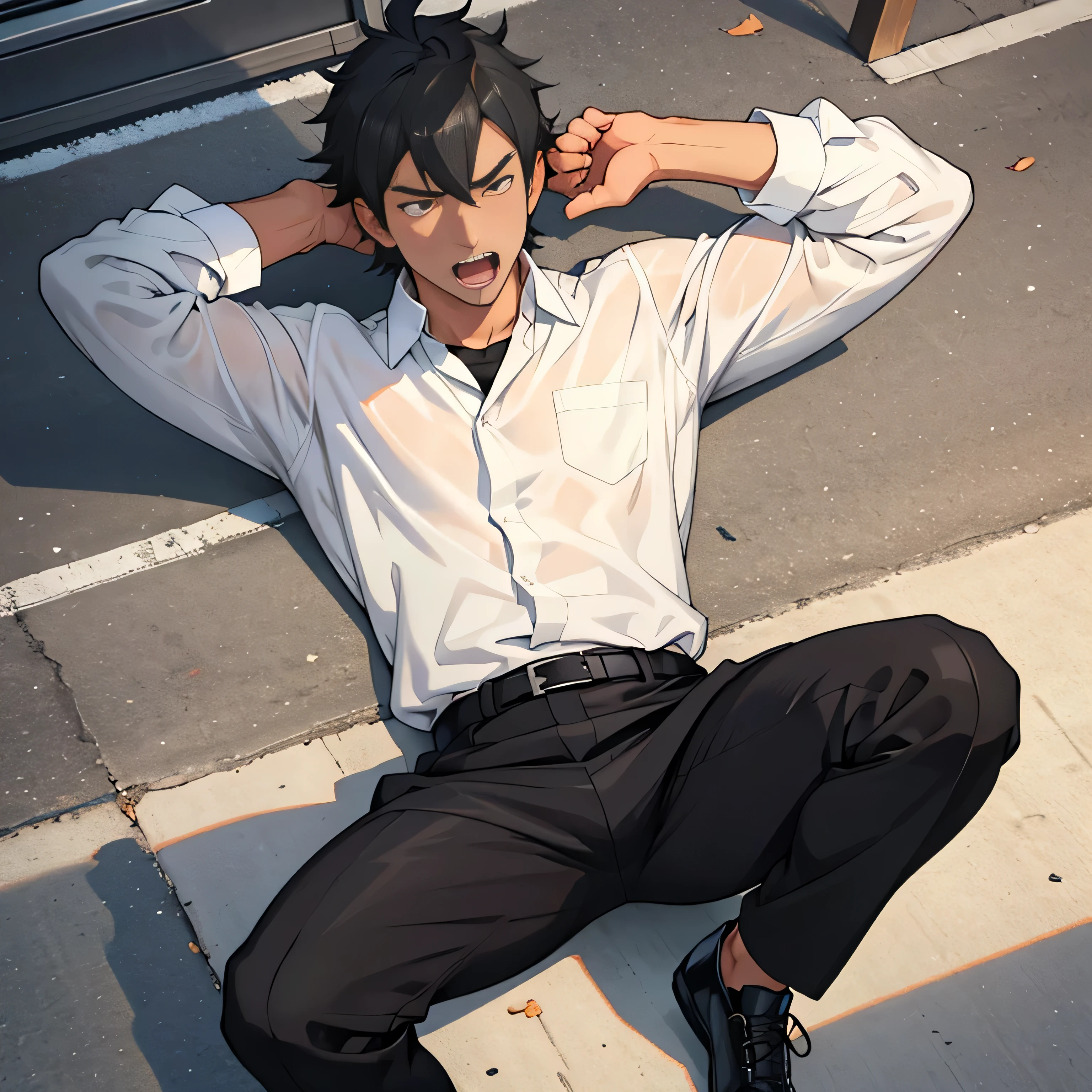 20 years old,,Simple white shirt、black tie,  black slim pants 、 lying on the ground  ,Spread your legs wider,black belt,Black socks,Black leather shoes,logic, Gay , black hair, Shorthair, thick eyebrows,Stubble, Lightly Set Your Hair with Wax , Hachiman Hachiman,Masculine,salaryman,Mob characters,Bad Actor , The crotch part of the pants is bulging, Erotic 3D Finish , 　View from above　Open your mouth wide and scream　 face up 