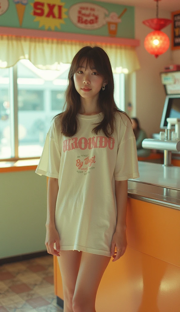 (1girls shot:1.3),(JAPANESE_pretty_13yo:1.5),Portrait MagMix Girl looking at the camera,(T_shirts:1.2), A retro ice cream shop with pastel-colored walls, Classic Soda Fountain Counter, Vintage ice cream poster, bathed in warm sunlight, Analog Film Photography, Kodachrome,bangs,smile,standinging_on_floor,show_thighs,cleavage,Little Person,whole_body,