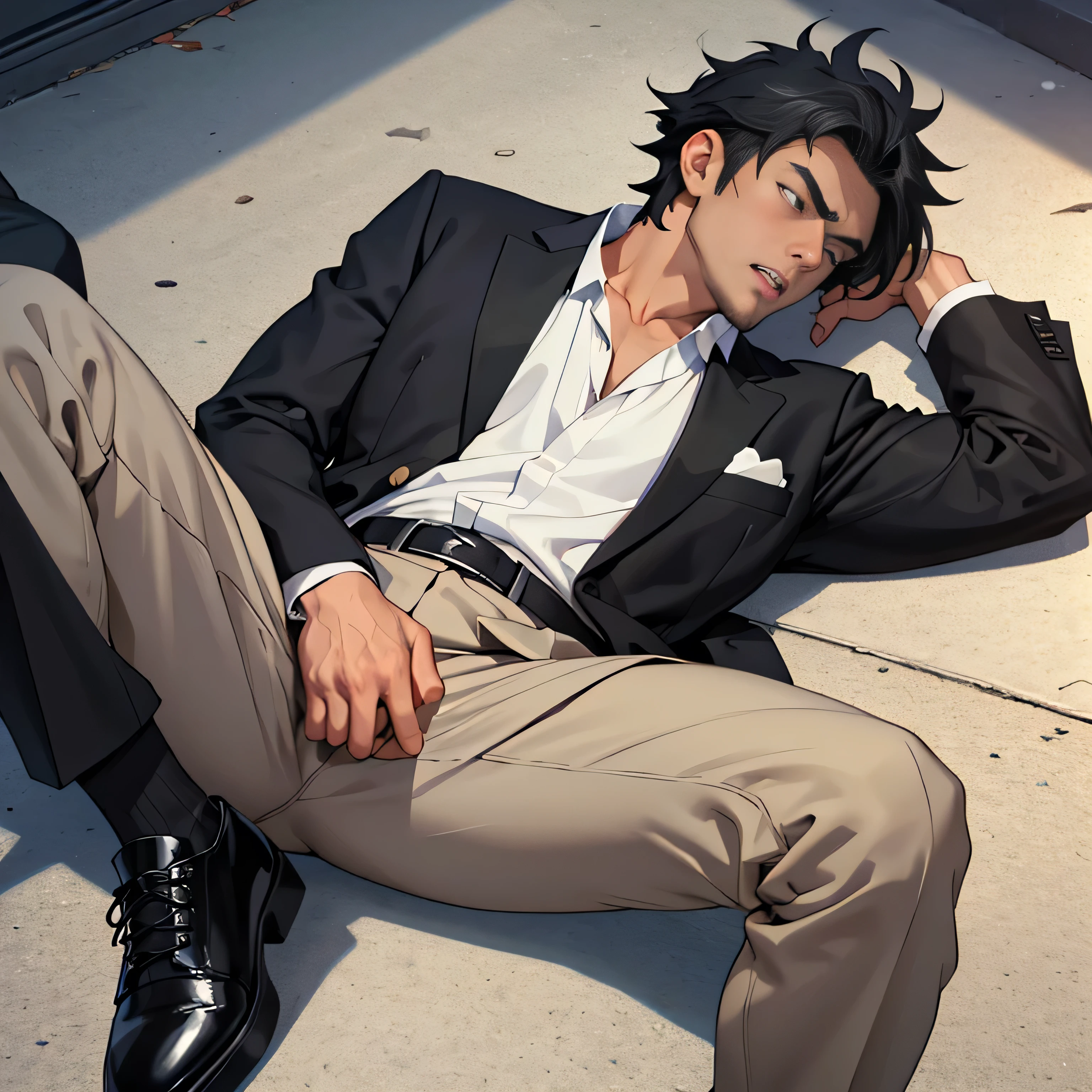 20 years old,,Simple white shirt、black tie,  black slim pants 、 lying on the ground  ,Spread your legs wider,black belt,Black socks,Black leather shoes,logic, Gay , black hair, Shorthair, thick eyebrows,Stubble, Lightly Set Your Hair with Wax , Hachiman Hachiman,Masculine,salaryman,Mob characters,Bad Actor , The crotch part of the pants is bulging, Erotic 3D Finish , 　View from above　Open your mouth wide and scream　 face up 