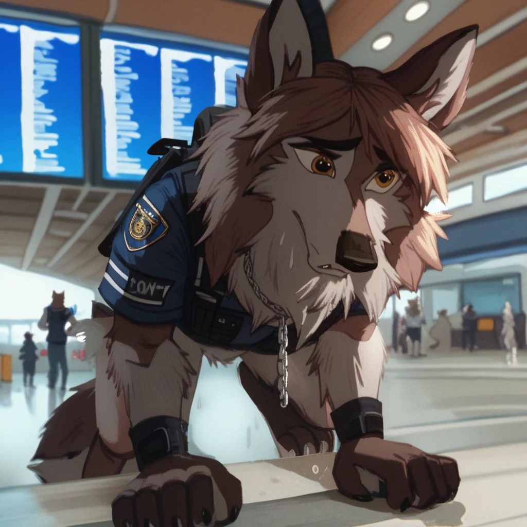 score_9, score_8_up, score_7_up, score_6_up, jenna, aleu, very extra long haired, anthropomorphic, adult, furry, wolf, wearing a heavy police vest,panting, transit station,anthro, black tactical uniform, chain collar, adult furry wolf, wavy hair, long slender snout, sniffing luggage, furry wolf sniffling the luggage with it's nose 